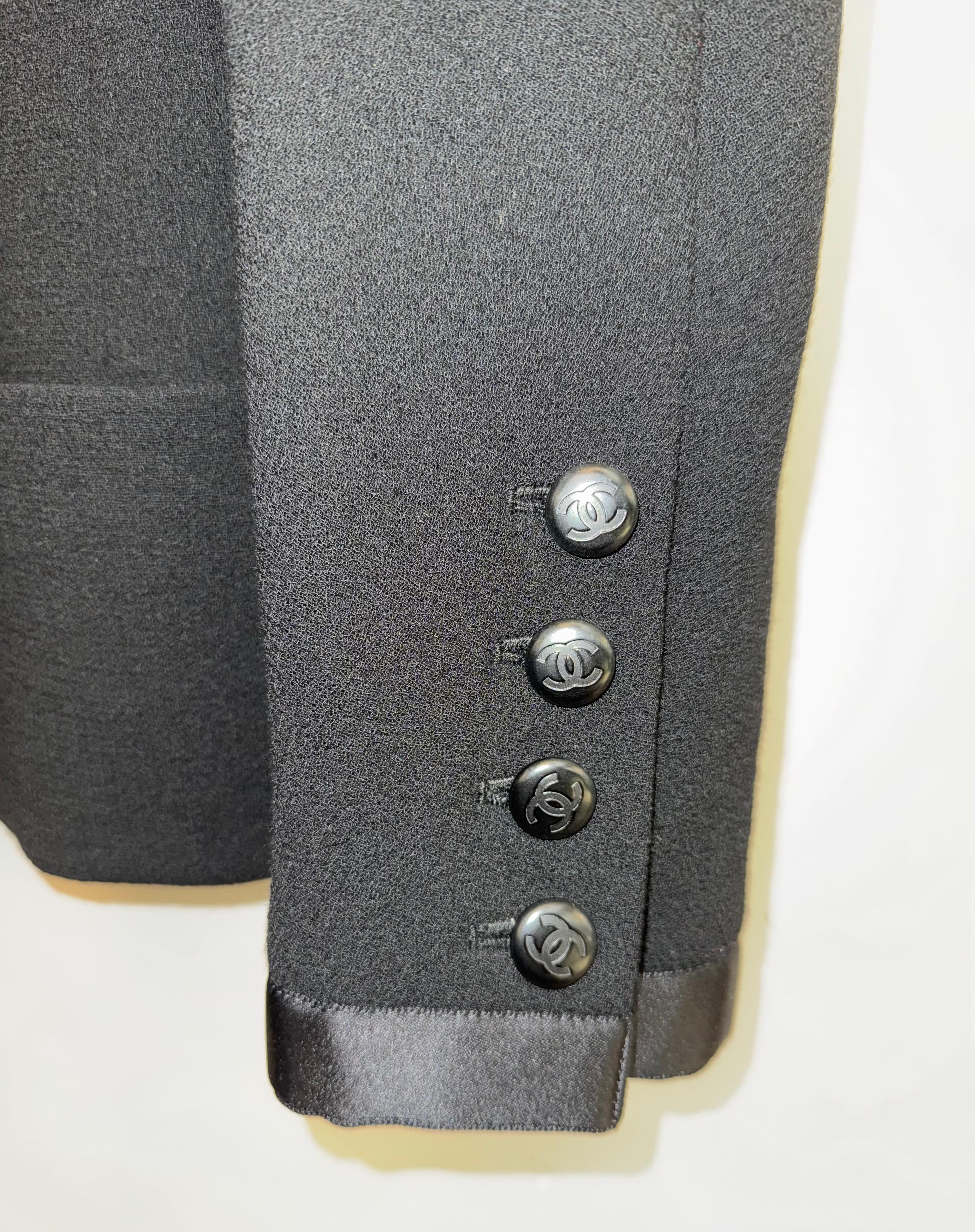 Unworn Chanel satin mandarin collar black wool jacket In New Condition For Sale In Sheung Wan, HK