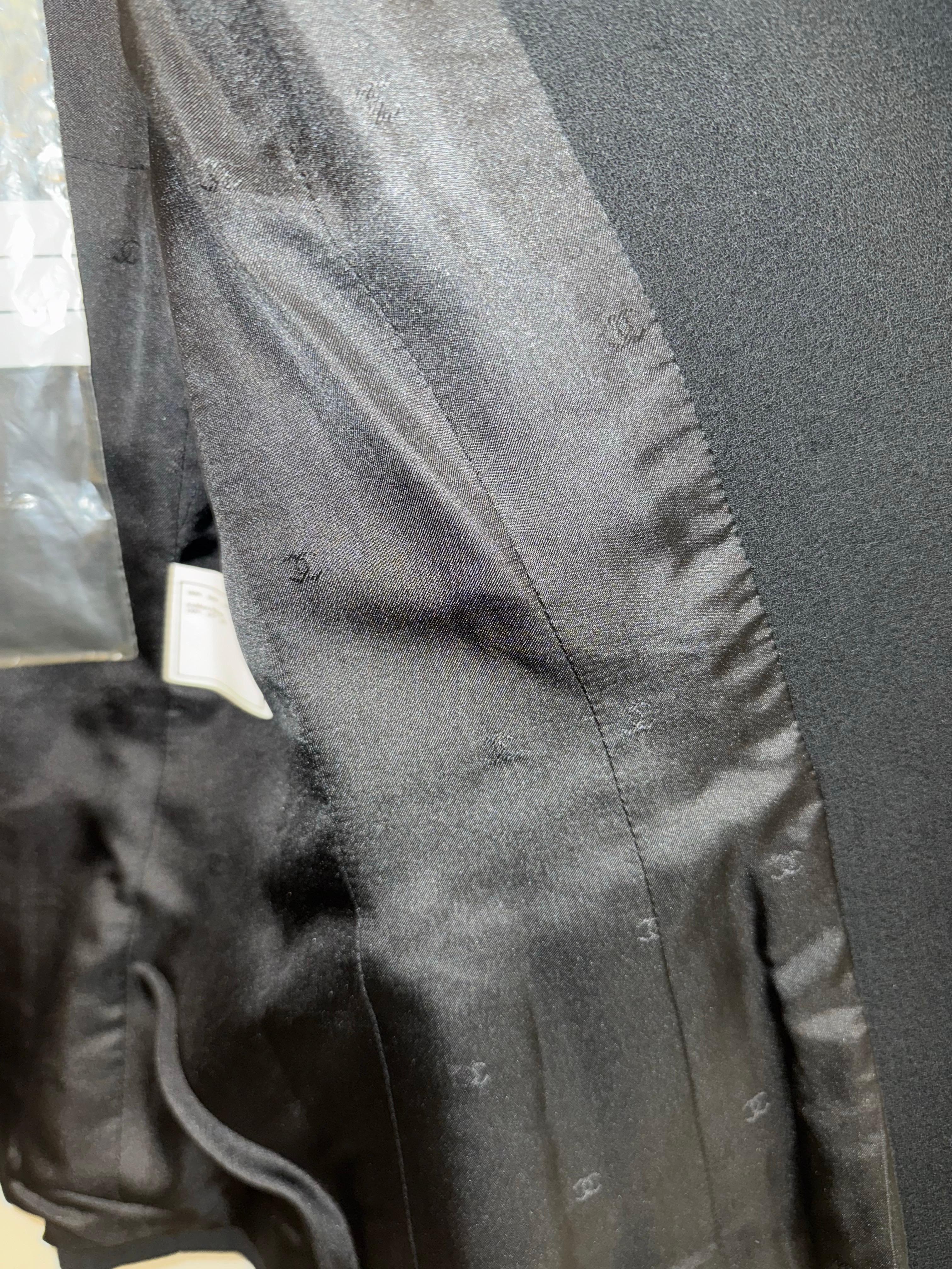 Unworn Chanel satin mandarin collar black wool jacket For Sale 1