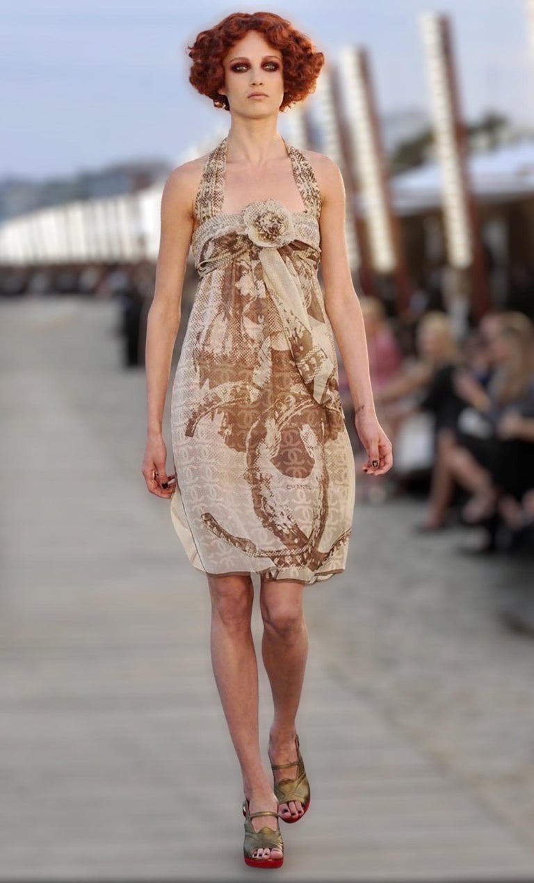 CHANEL Dress 34 36 38 $4,059 Lion Brown Silk Halter Neck with Camellia US2  4 6