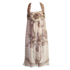 UNWORN Chanel Silk Chiffon CC Logo Print Cocktail Dress with Camellia Brooch 34