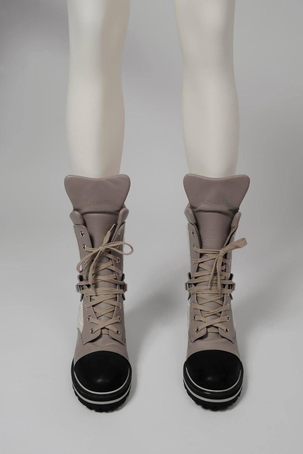 Black Unworn Chanel Runway Leather & Nylon Logo Ankle Boots, Fall-Winter 2000