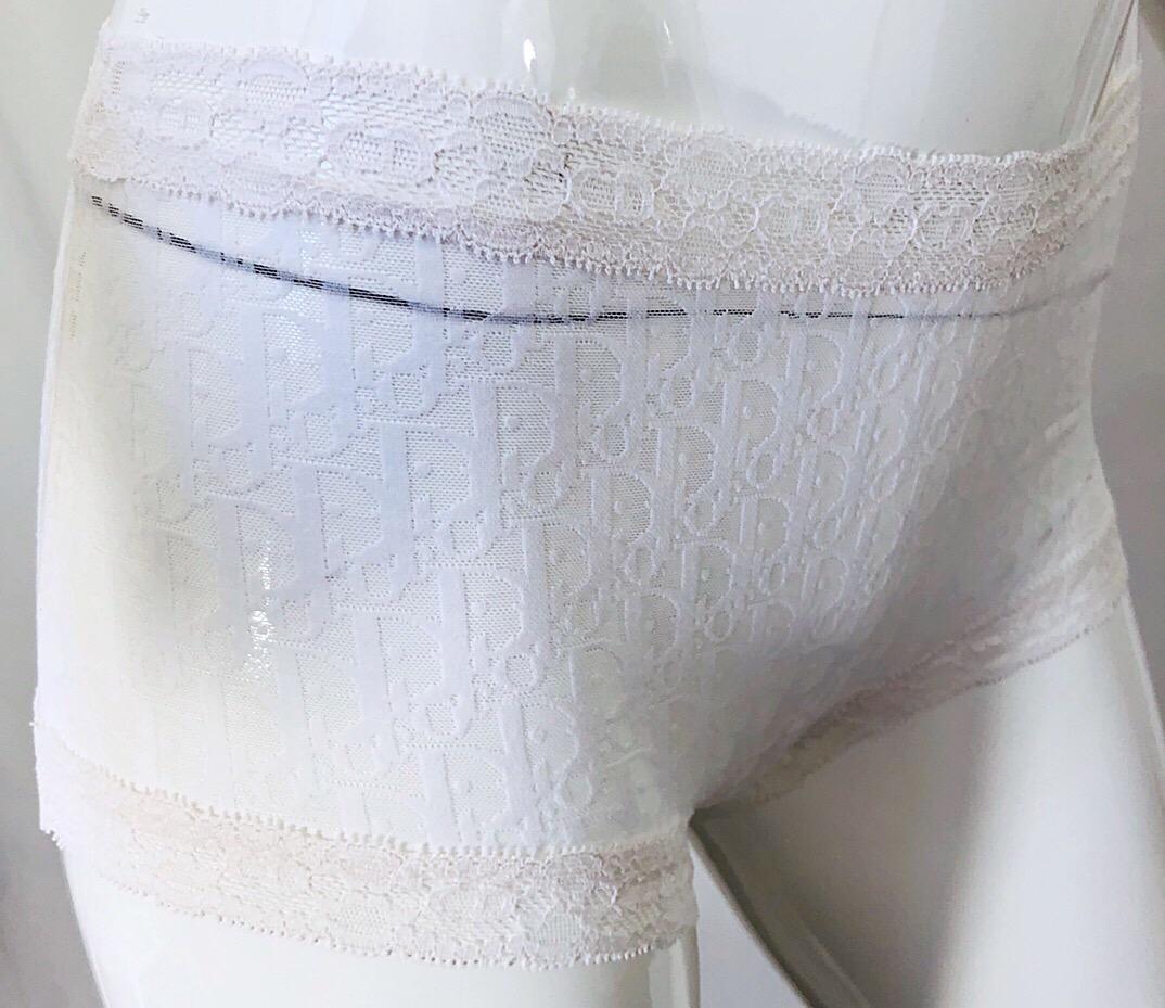 Women's Unworn Christian Dior 1990s Logo White Sheer Low Rise Vintage Hot Pants Shorts