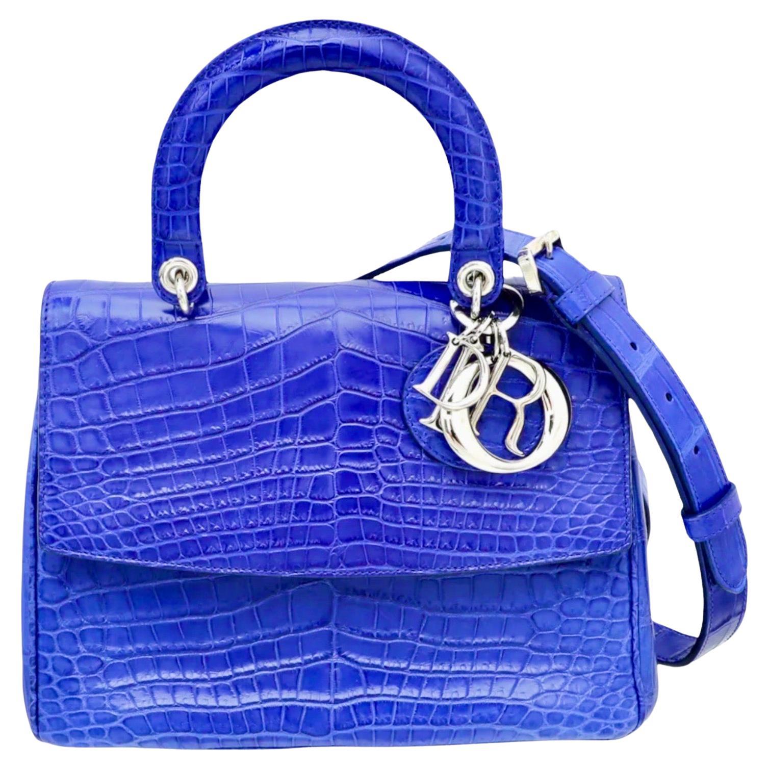 Sac à main Christian Dior édition limitée en crocodile exotique bleu électrique non porté en vente