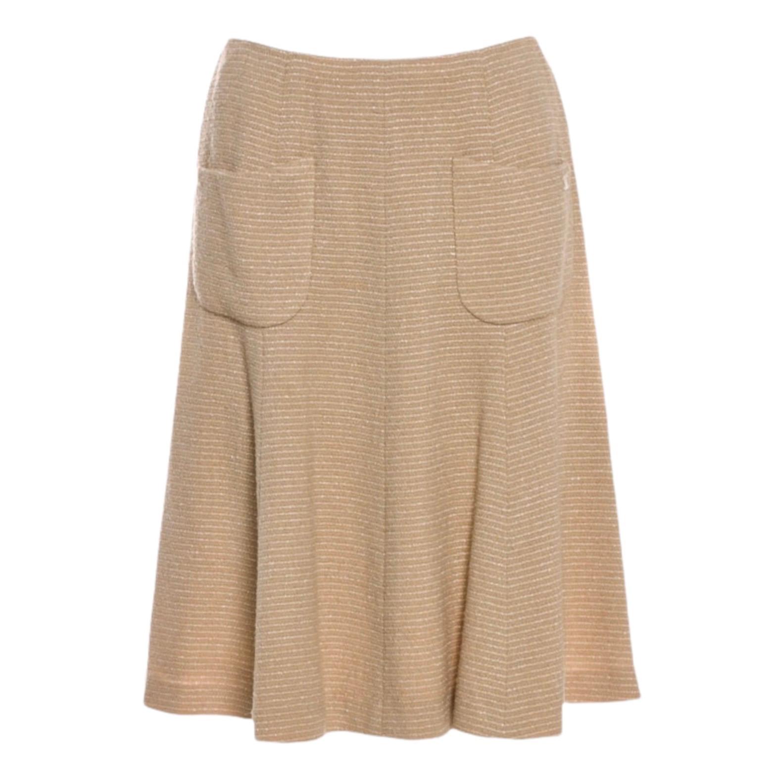 Beige UNWORN Classy Chanel Caramel Fantasy Tweed Jacket Blazer Skirt Business Suit 38