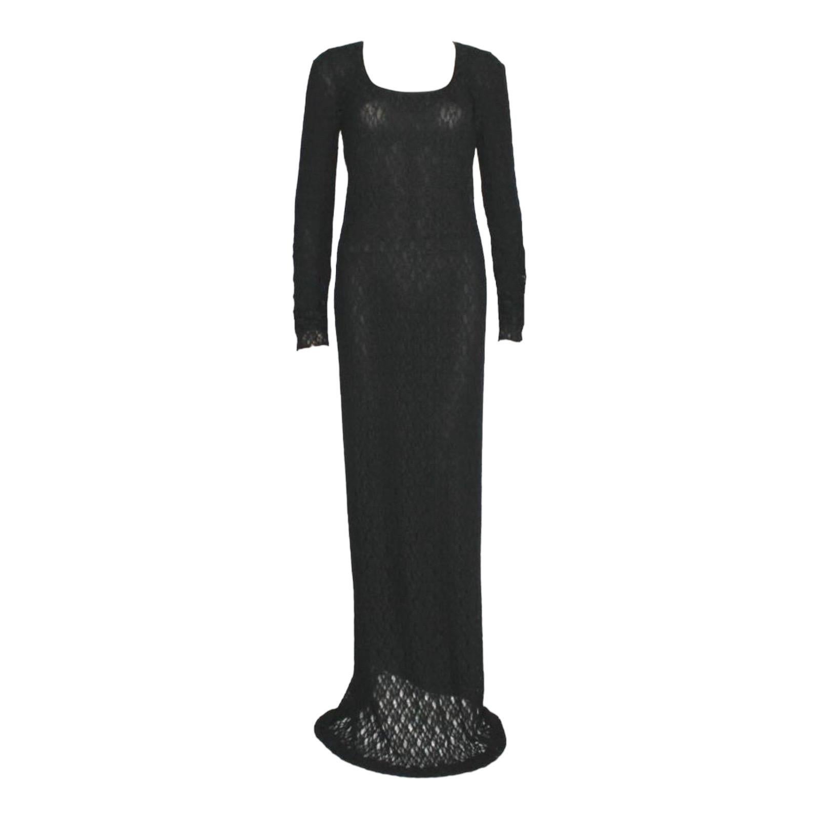 UNWORN Dolce & Gabbana 1990s Black 3D Crochet Knit Evening Gown Maxi Dress 40 For Sale
