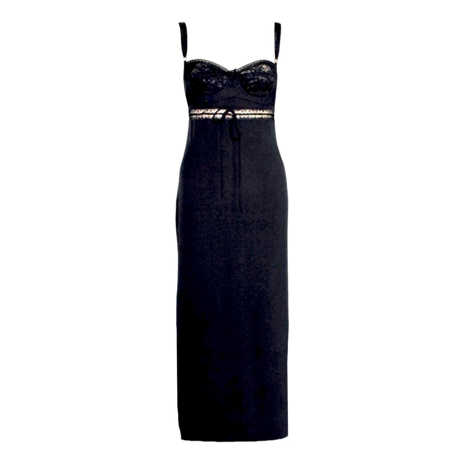 Women's UNWORN Dolce & Gabbana 1997 Black Corset Drawstring Midi Dress Gown 42 For Sale