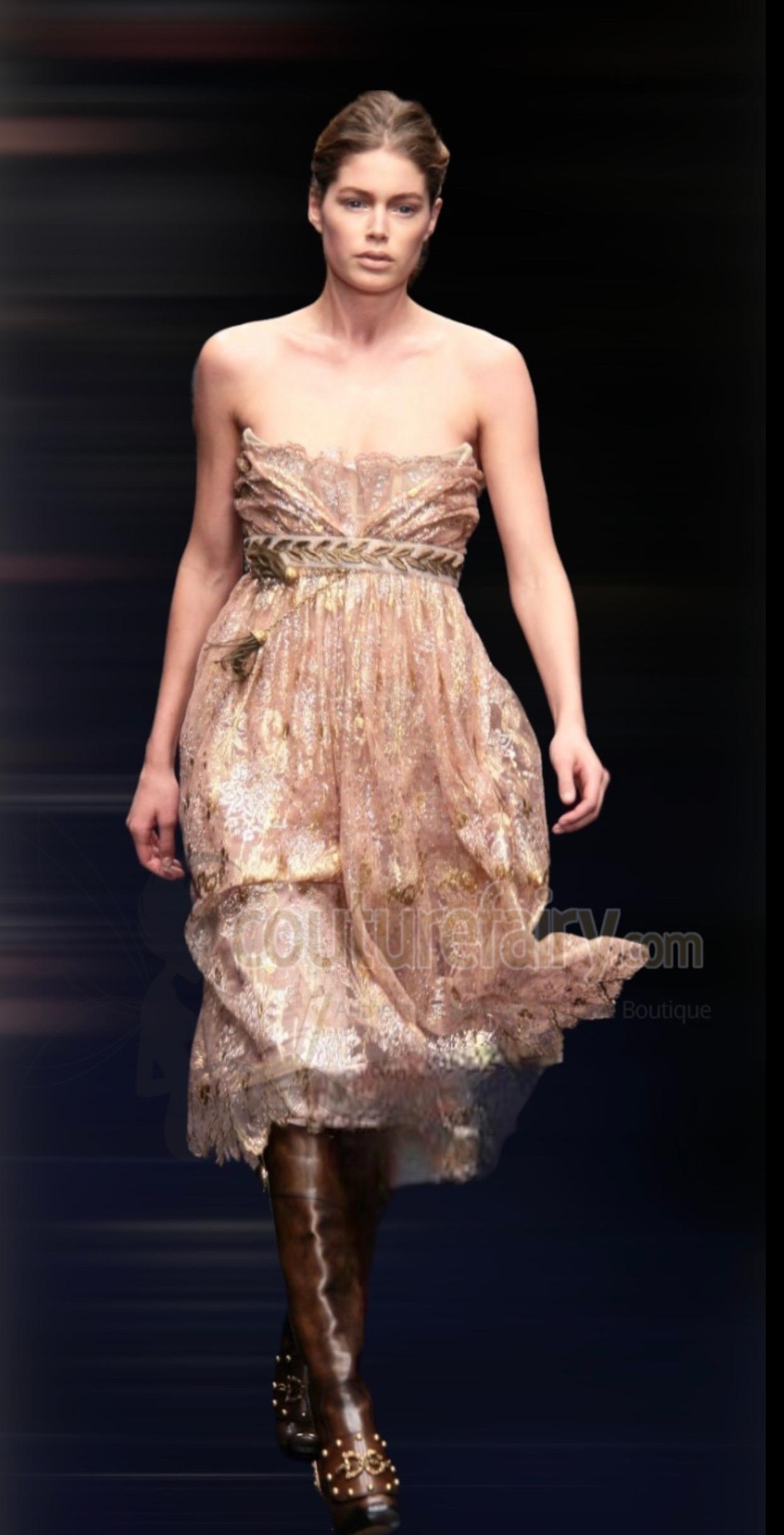 UNWORN Dolce & Gabbana 2006 Gold Metallic Lace Tassel Empire Dress Gown 42 For Sale 1
