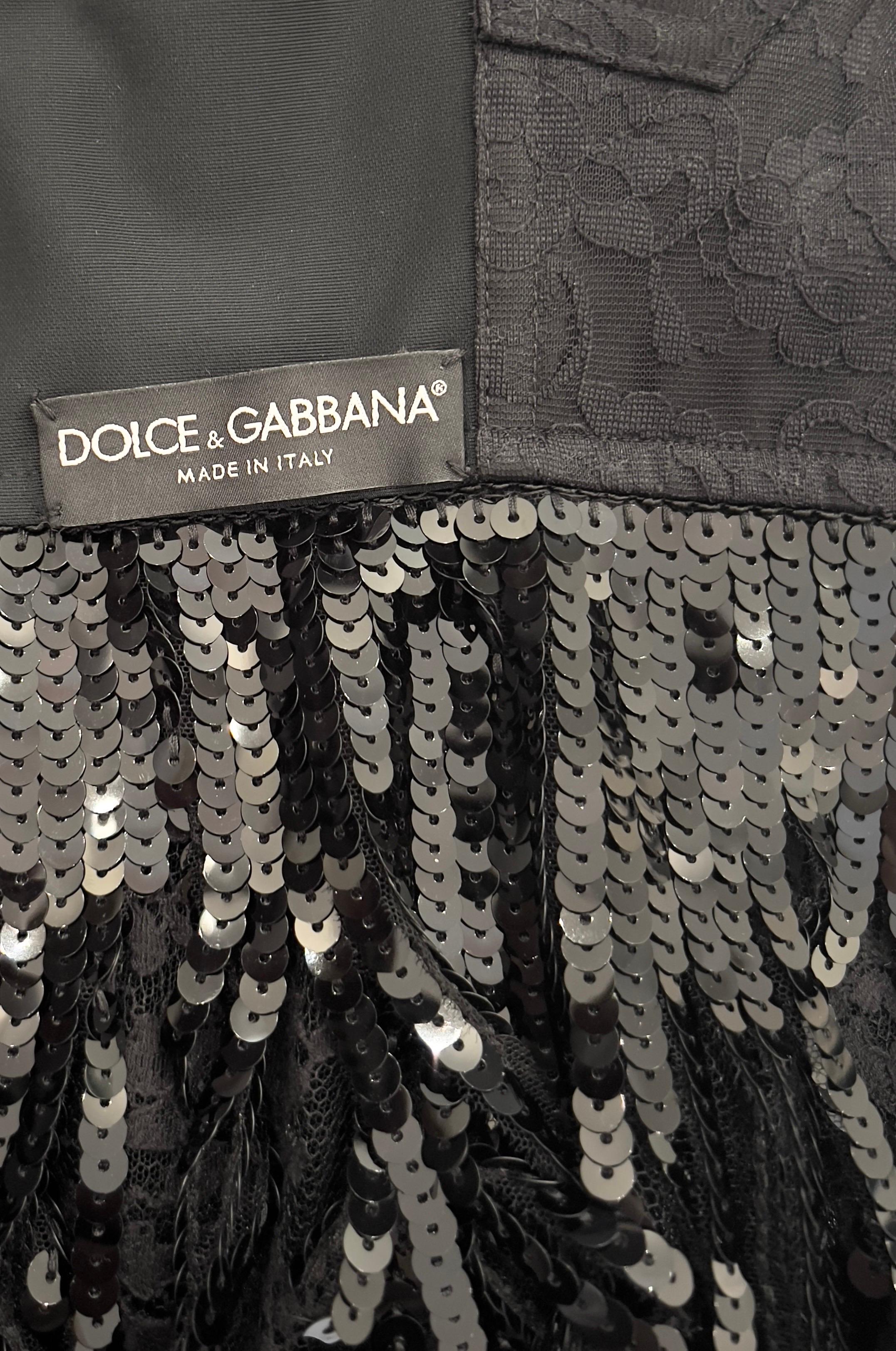 UNWORN Dolce & Gabbana Black Corset Logo Lace Sequin Fringe Cocktail Dress 42 For Sale 1