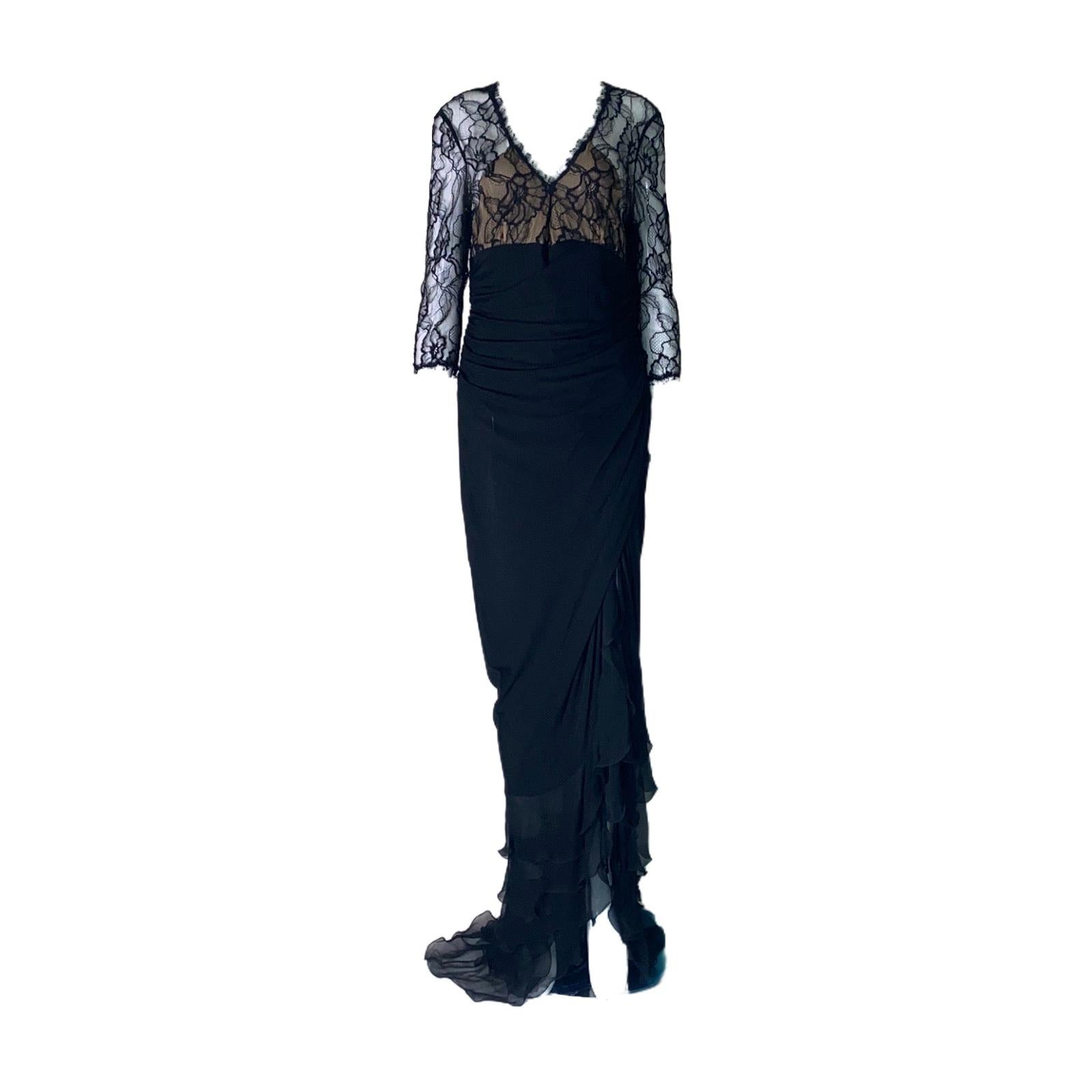UNWORN Dolce & Gabbana Black Lace Chiffon Silk Evening Gown Maxi Dress 48 For Sale