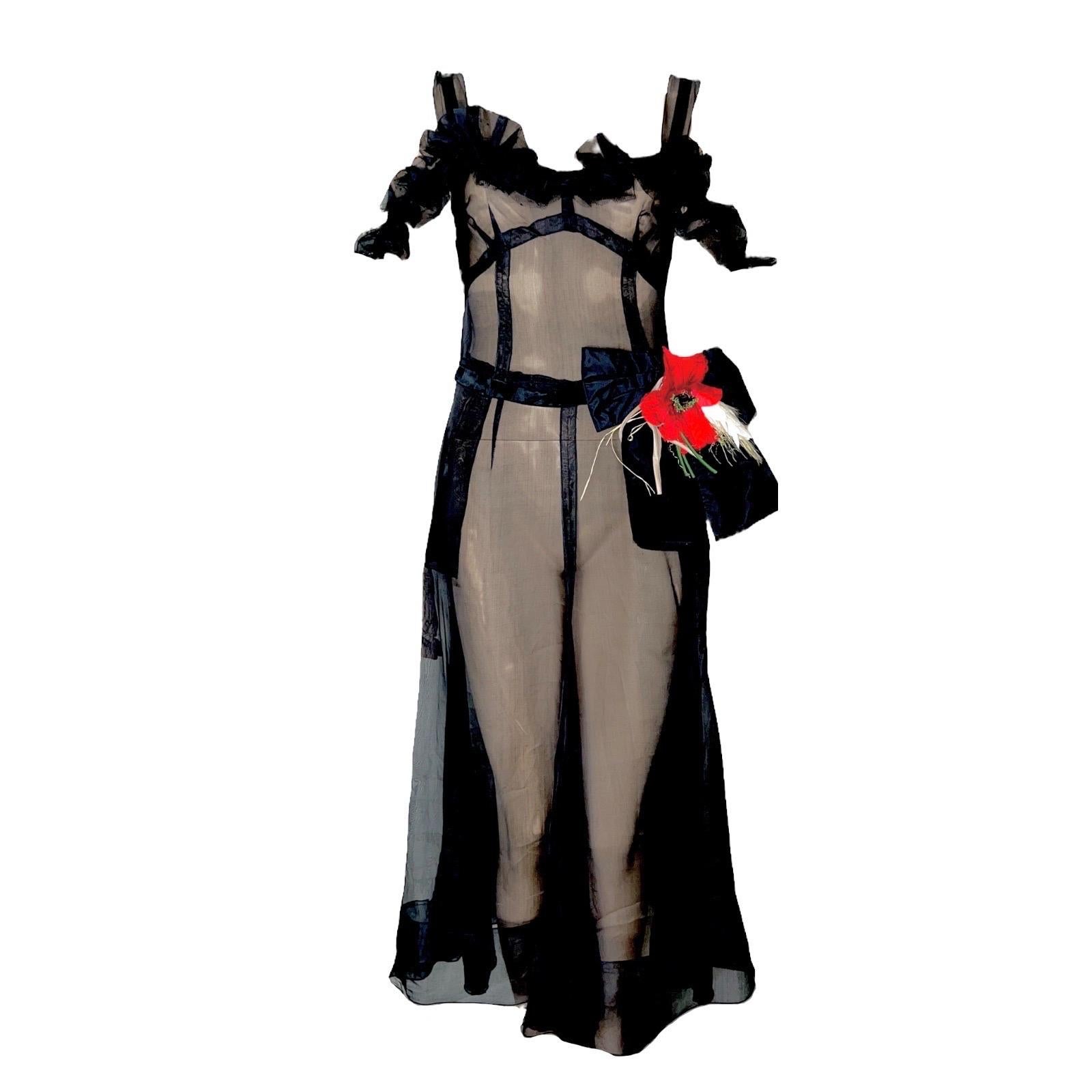 UNWORN Dolce & Gabbana Vintage Black Sheer Lace Up Corset Dress Poppy Flower 40 For Sale 5
