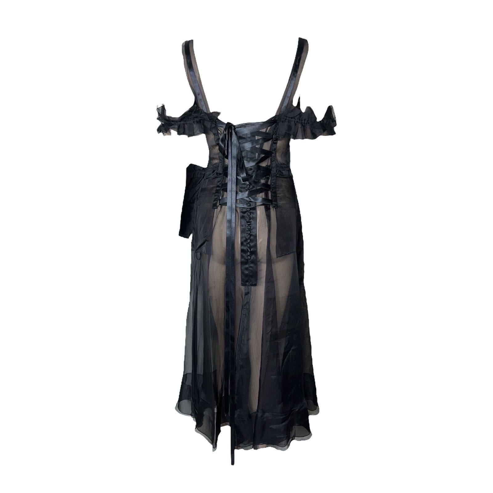 UNWORN Dolce & Gabbana Vintage Black Sheer Lace Up Corset Dress Poppy Flower 40 For Sale 6