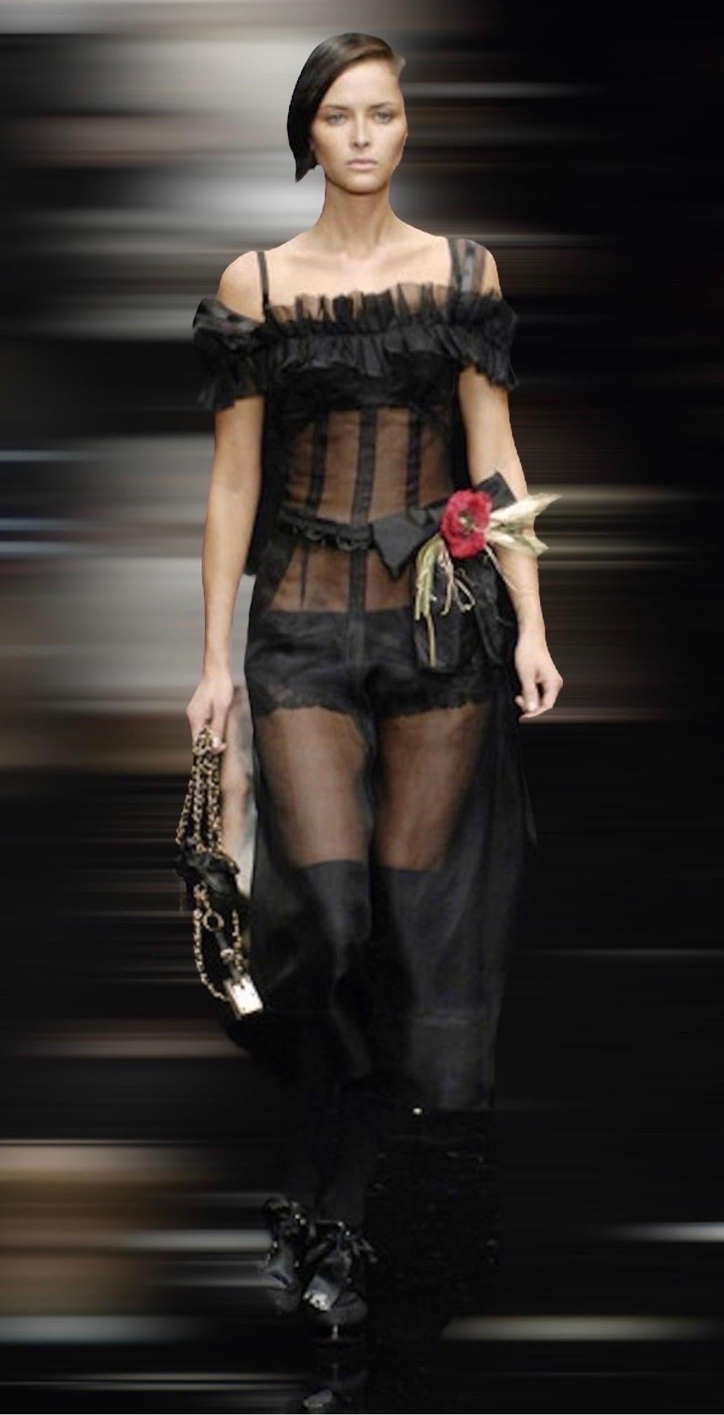 UNWORN Dolce & Gabbana Vintage Black Sheer Lace Up Corset Dress Poppy Flower 40 For Sale 7