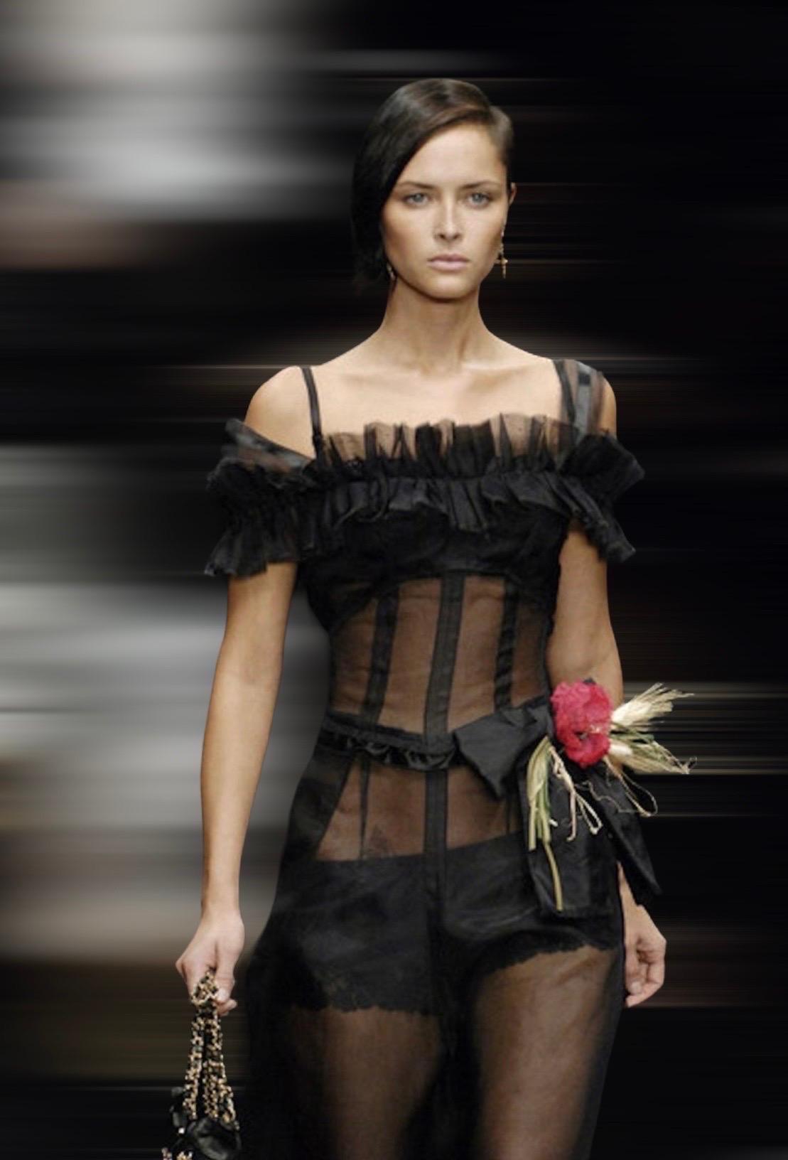 UNWORN Dolce & Gabbana Vintage Black Sheer Lace Up Corset Dress Poppy Flower 40 For Sale 9