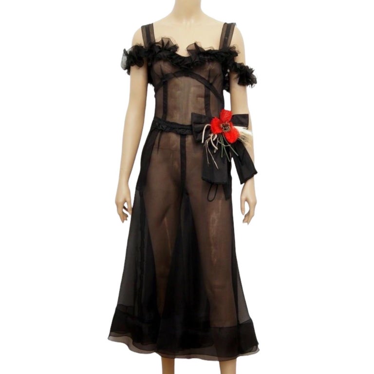 UNWORN Dolce & Gabbana Black Sheer Lace Up Corset Dress Poppy Flower Mesh 40 In Excellent Condition For Sale In Switzerland, CH