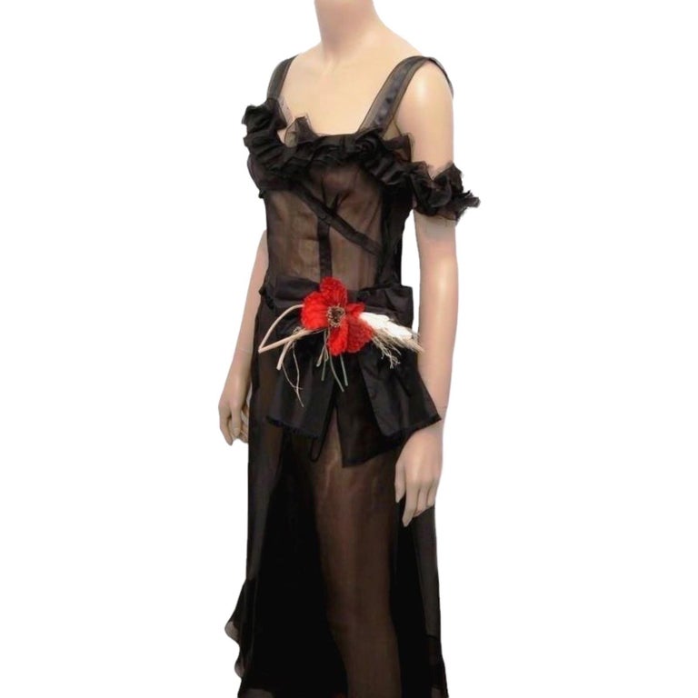 UNWORN Dolce & Gabbana Black Sheer Lace Up Corset Dress Poppy Flower Mesh 40 For Sale 1