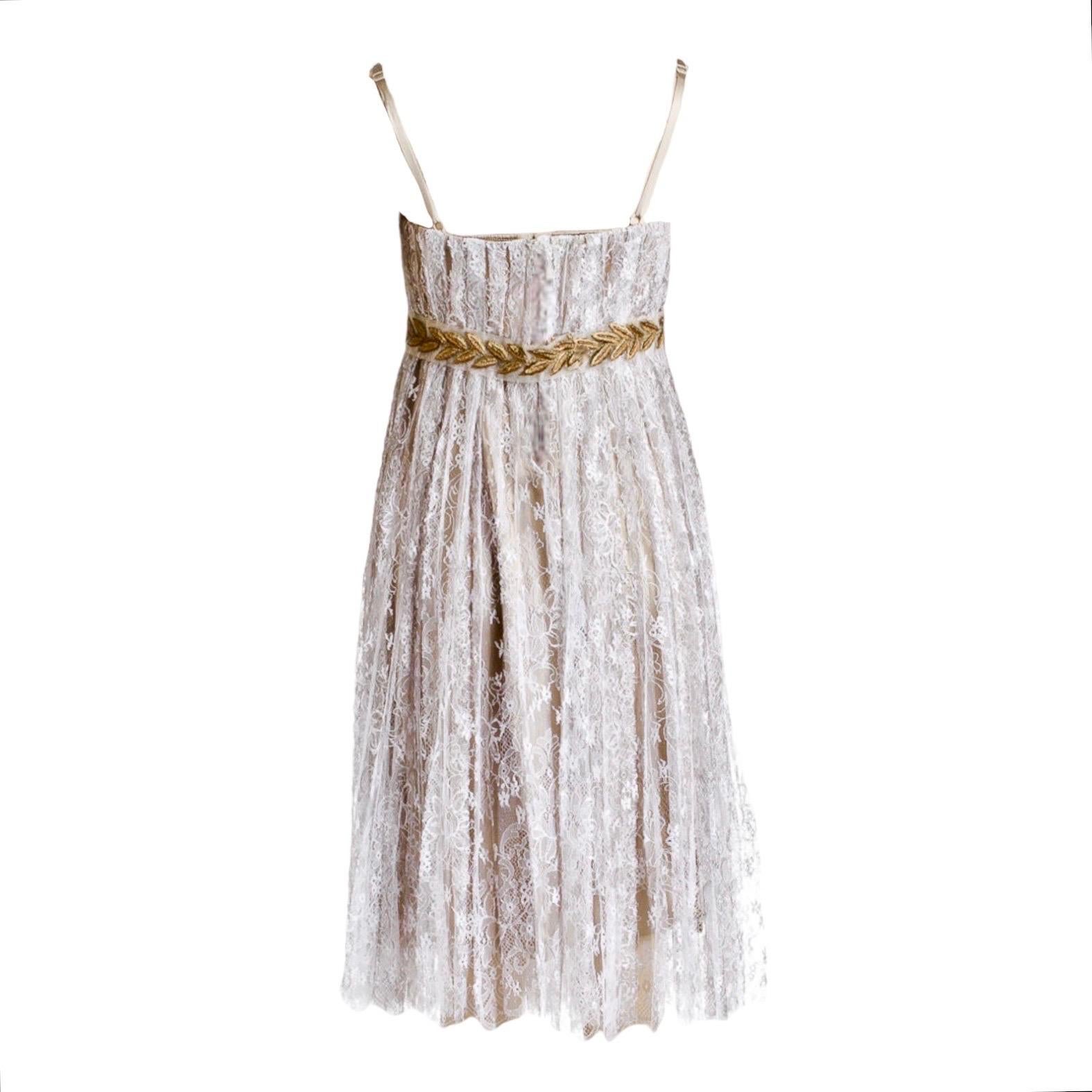 A DOLCE & GABBANA timeless classic signature piece that will last you for years
Main line DOLCE & GABBANA
Made out of the finest grey French lace
Stunning pleated style
With a corset-style upper part
Empire waist with laurel design
Silk Bra inside,