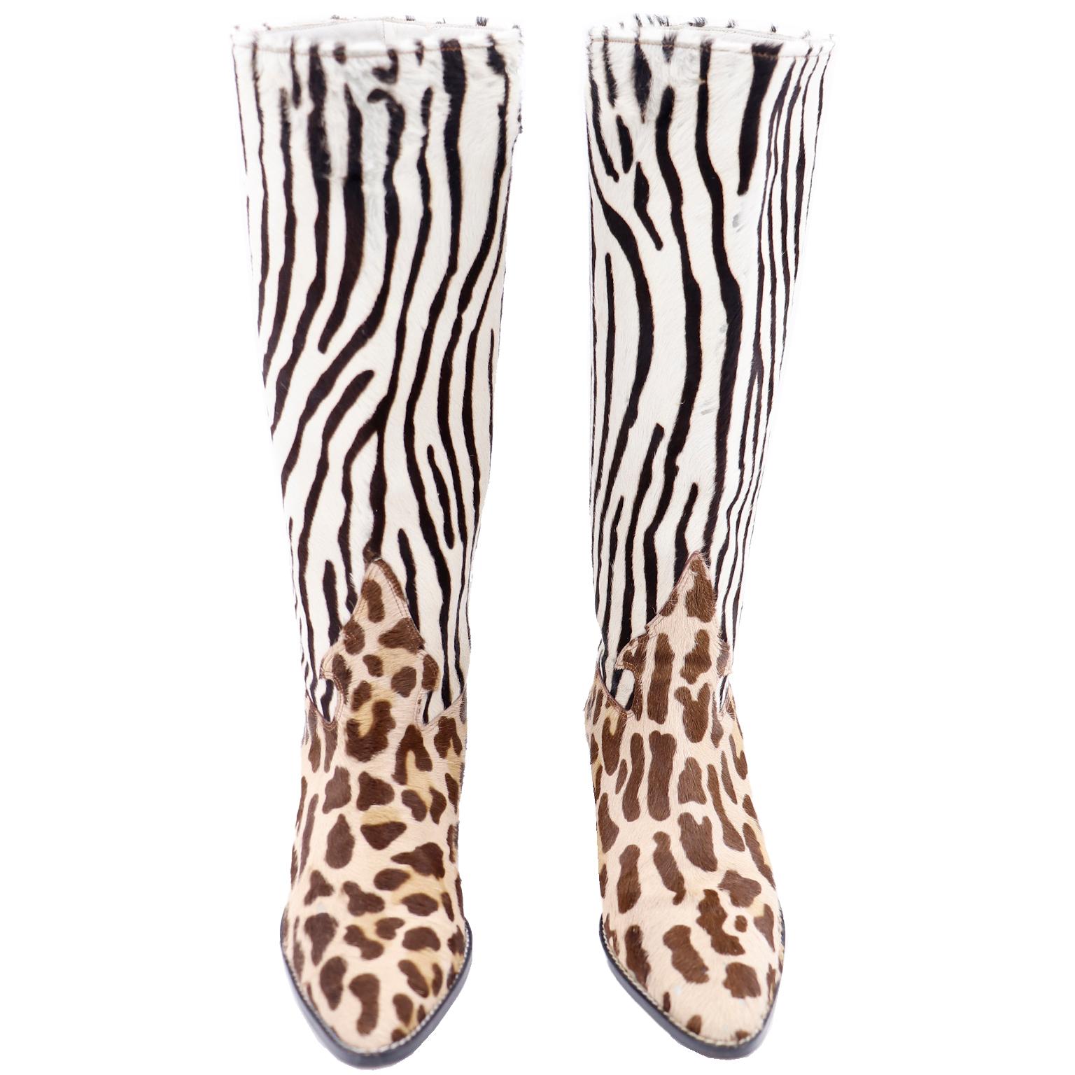 These are sensational Donald Pliner pony fur boots in a brown and cream zebra print! There is no zipper, so the boots just pull on. The boots are marked a size 7 and were never worn!  
HEIGHT from top of shaft to bottom of heel: 14.5