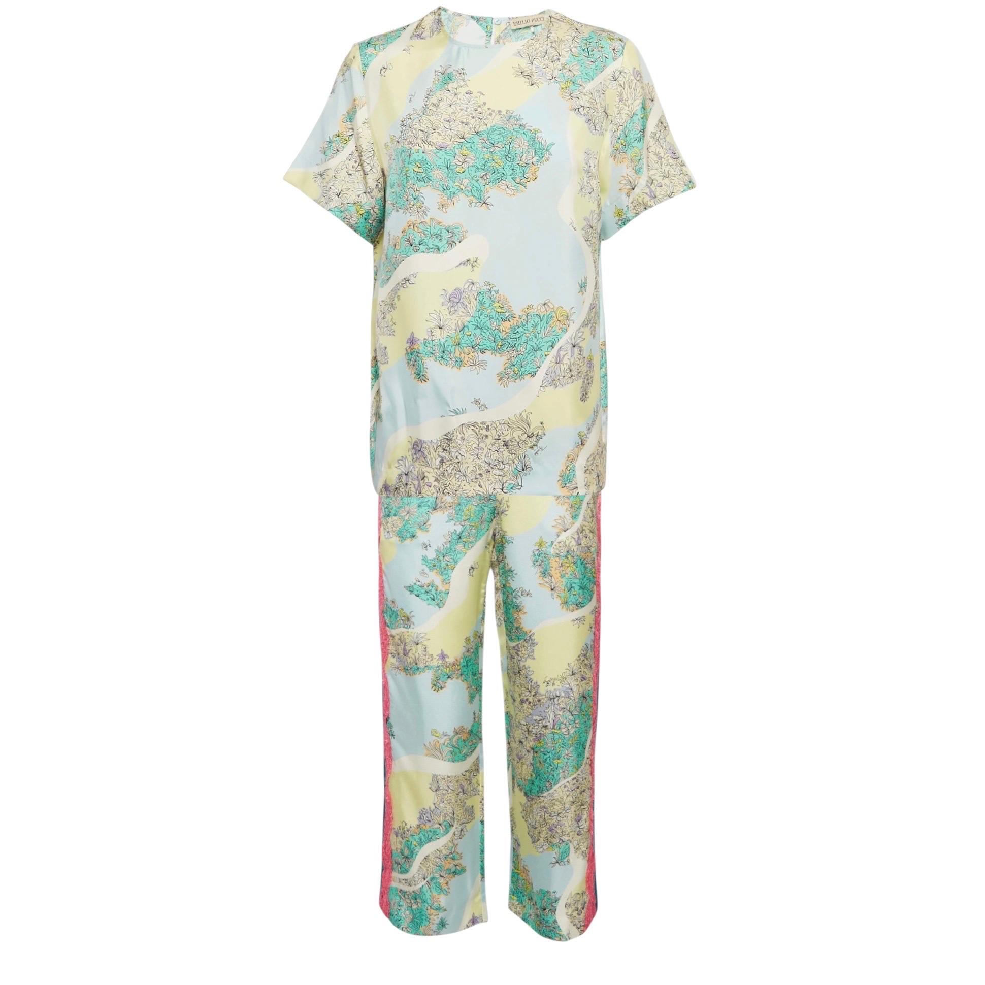 UNWORN Emilio Pucci 2PCS Signature Print Silk Lace Pants Top Blouse Ensemble M