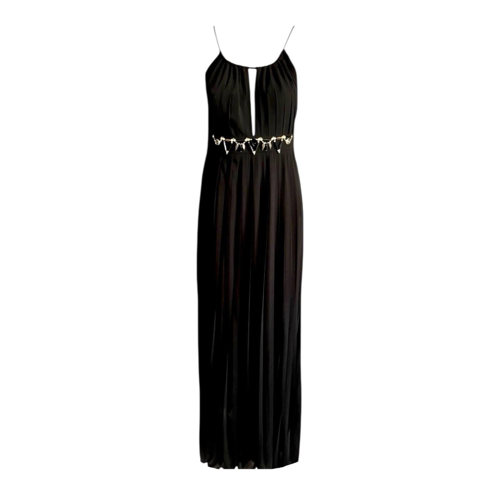 Robe longue de soirée Emilio Pucci plissée en soie noire embellie, 40 Bon état - En vente à Switzerland, CH