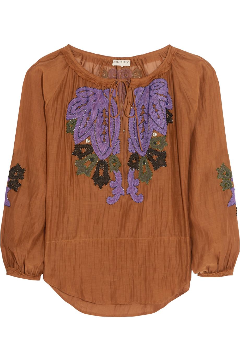 Brown UNWORN Emilio Pucci by Peter Dundas Embroidered Kaftan Tunic Top Blouse For Sale