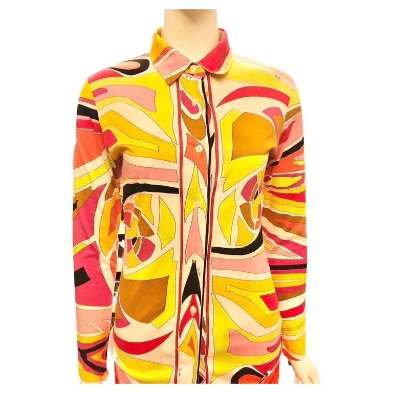 Unworn Emilio Pucci Cotton Multi-Coloured Retro Printed Collar Shirt  For Sale