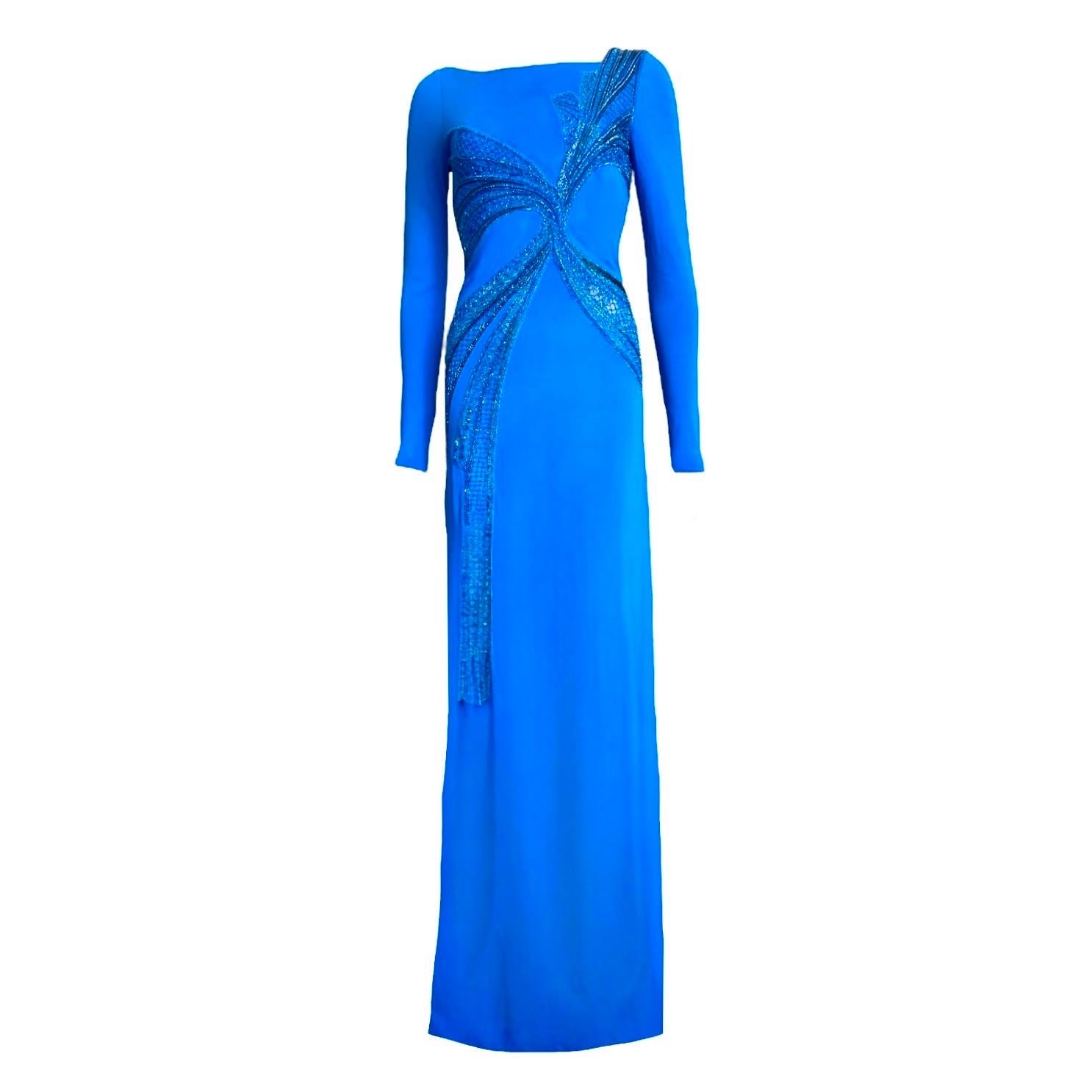 Bleu VUE D'ENSEMBLE Emilio Pucci Robe longue brodée bleu robe 40 en vente