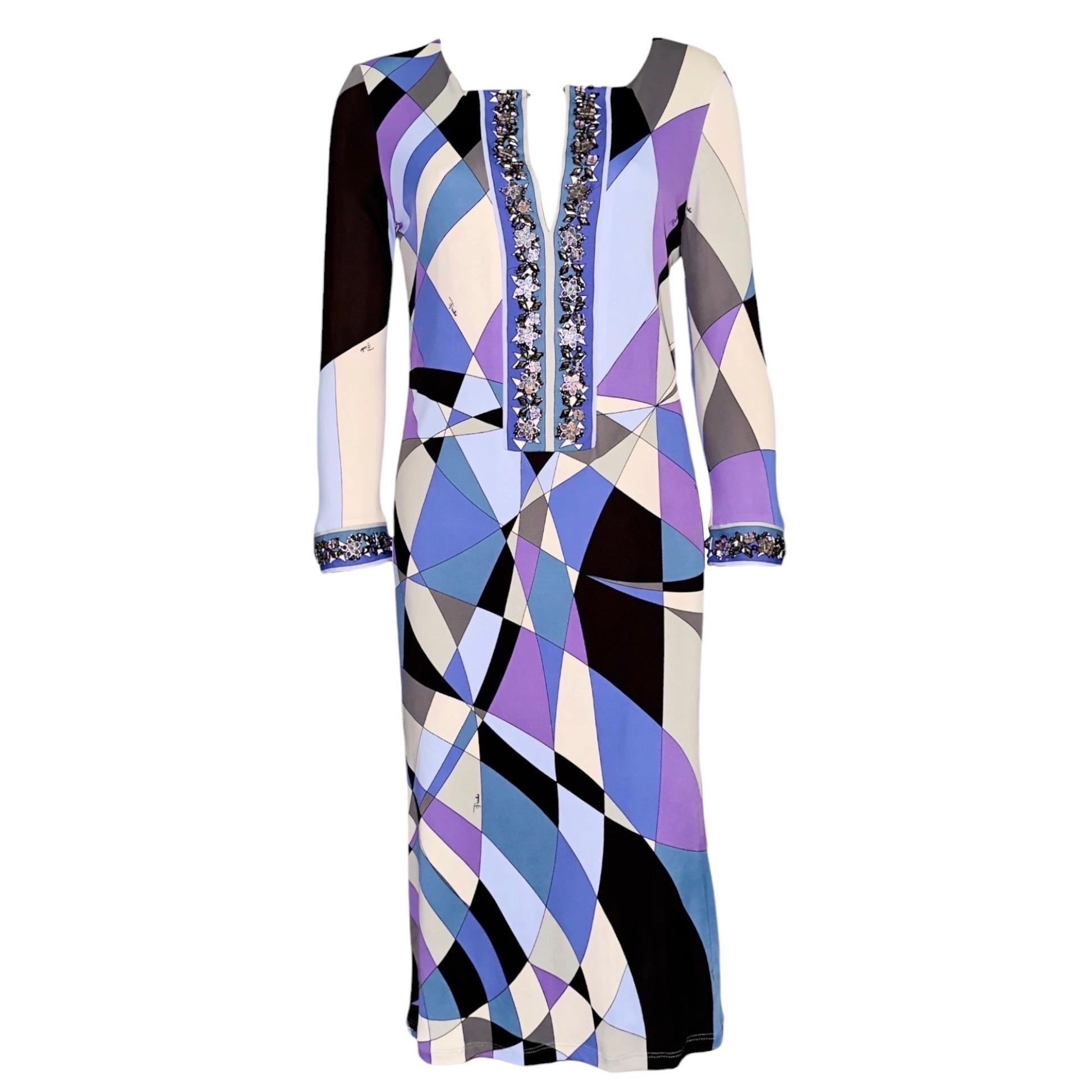 UNWORN Emilio Pucci Embroidered Signature Print Embellished Tunic Midi Dress 40