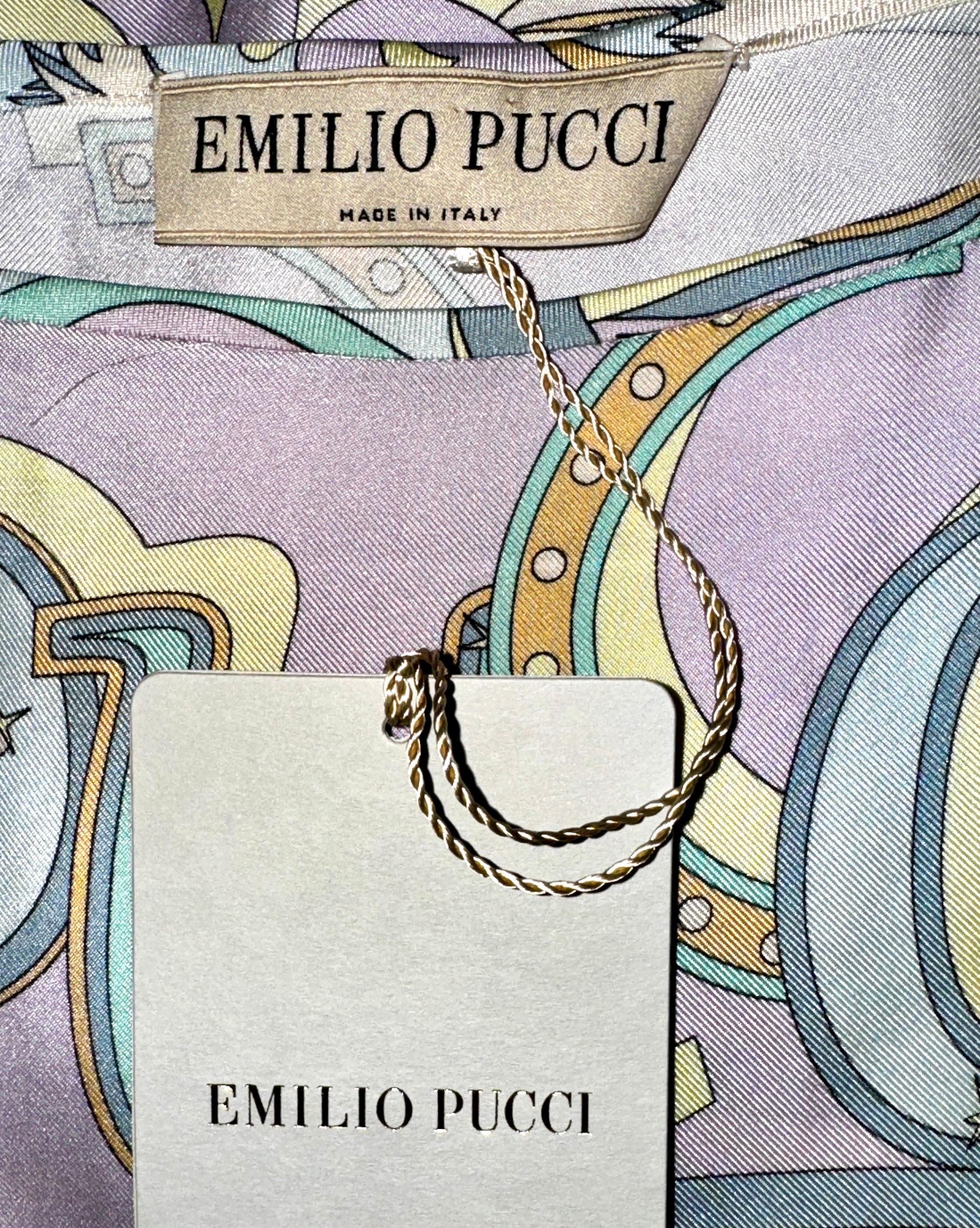 Emilio Pucci - Robe tunique caftan en sergé de soie imprimé signature multicolore, non portée, 40 en vente 10