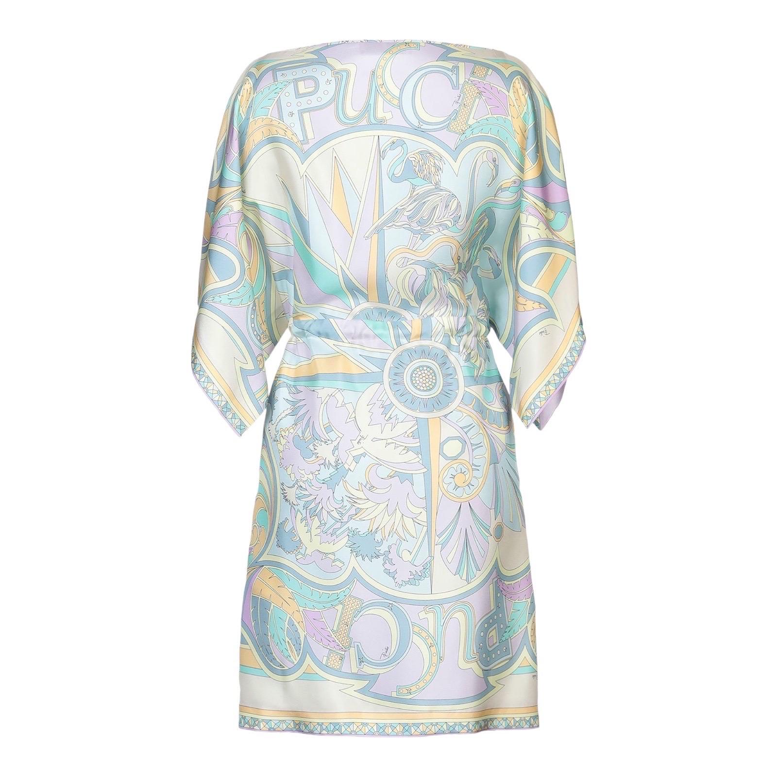 Inspired by Art Deco designs, Emilio Pucci's motif includes flamingos, palm trees and the brand's logo in pastel hues. This lustrous silk-twill dress has a drawstring waistband and wide sleeves that are split to create beautiful movement. Whether