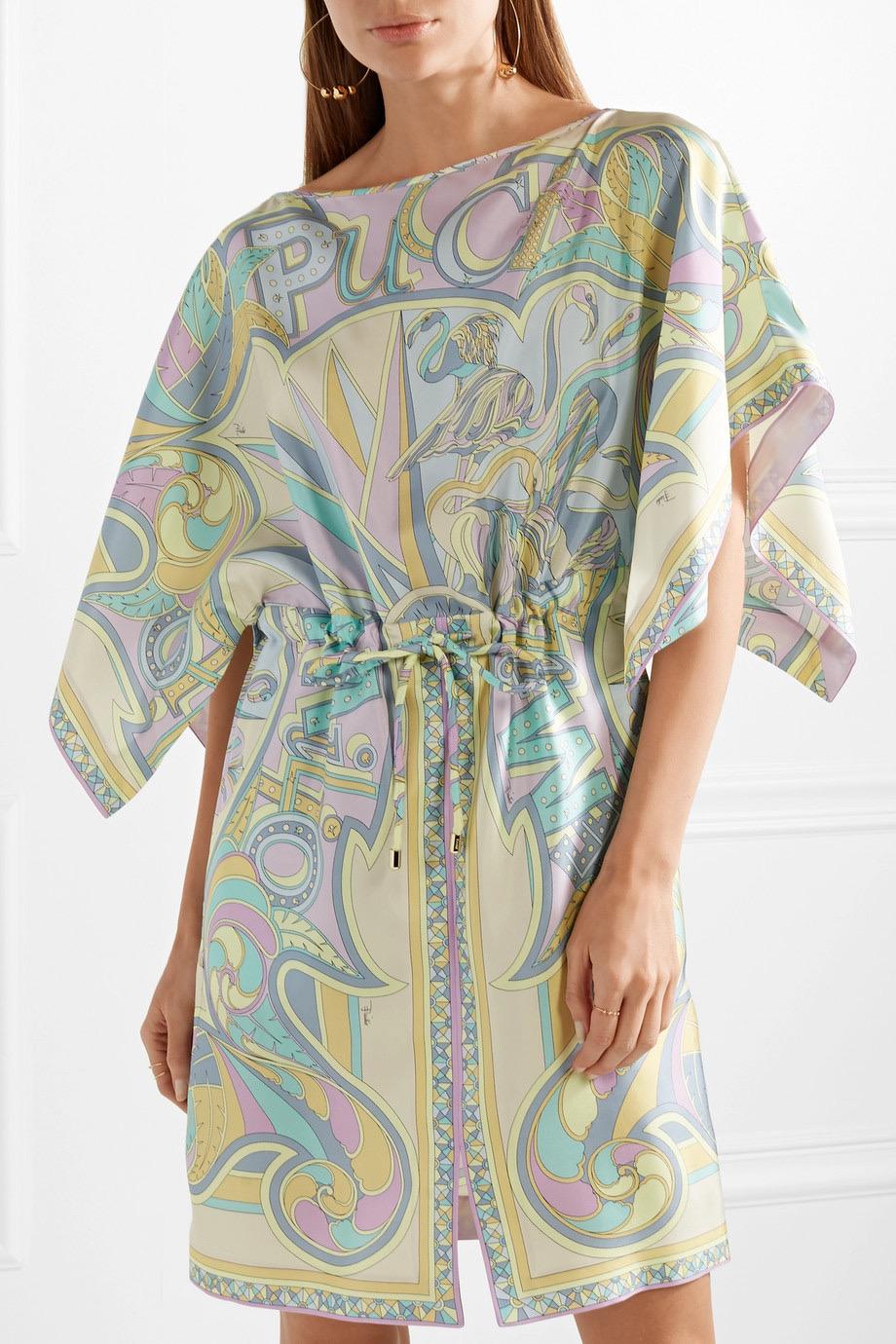 Women's UNWORN Emilio Pucci Multicolor Signature Print Silk Twill Kaftan Tunic Dress 40 For Sale