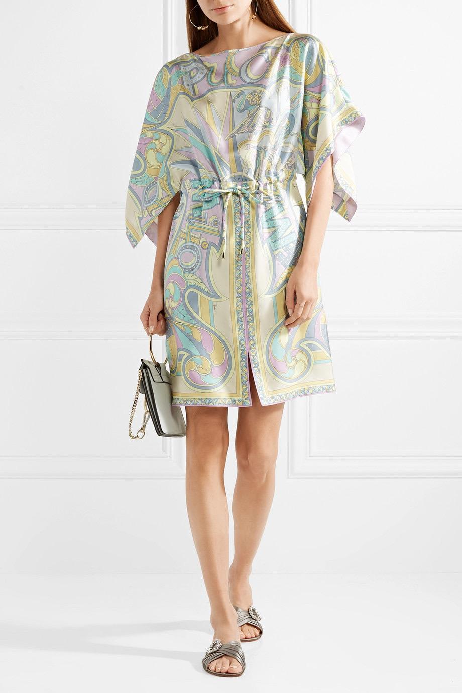 UNWORN Emilio Pucci Multicolor Signature Print Silk Twill Kaftan Tunic Dress 40 For Sale 3