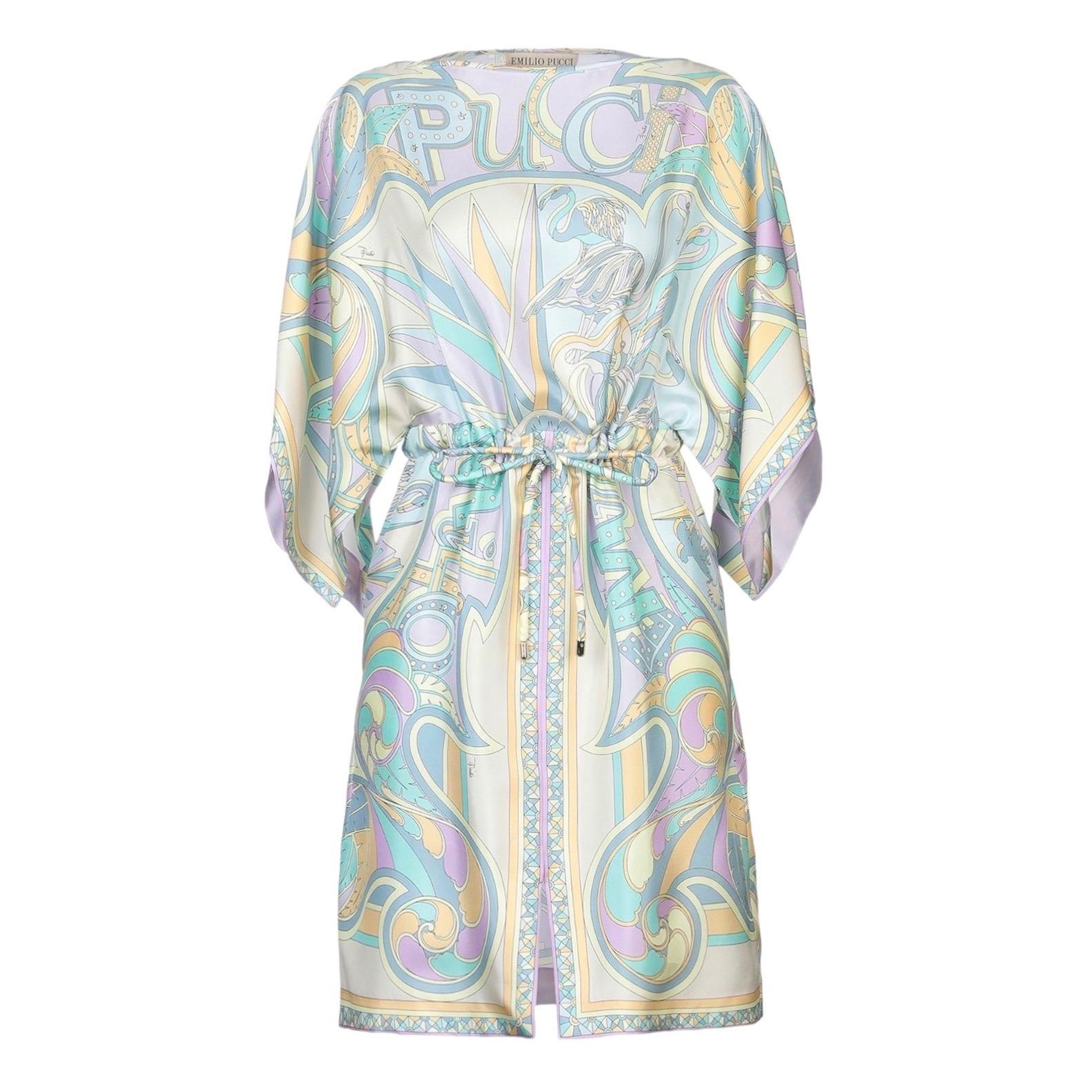 UNWORN Emilio Pucci Multicolor Signature Print Silk Twill Kaftan Tunic Dress 40 For Sale