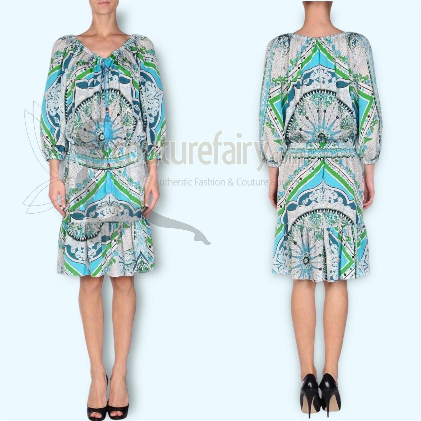 Emilio Pucci Signature Robe imprimée en soie multicolore avec pompons 44 non portée en vente 7