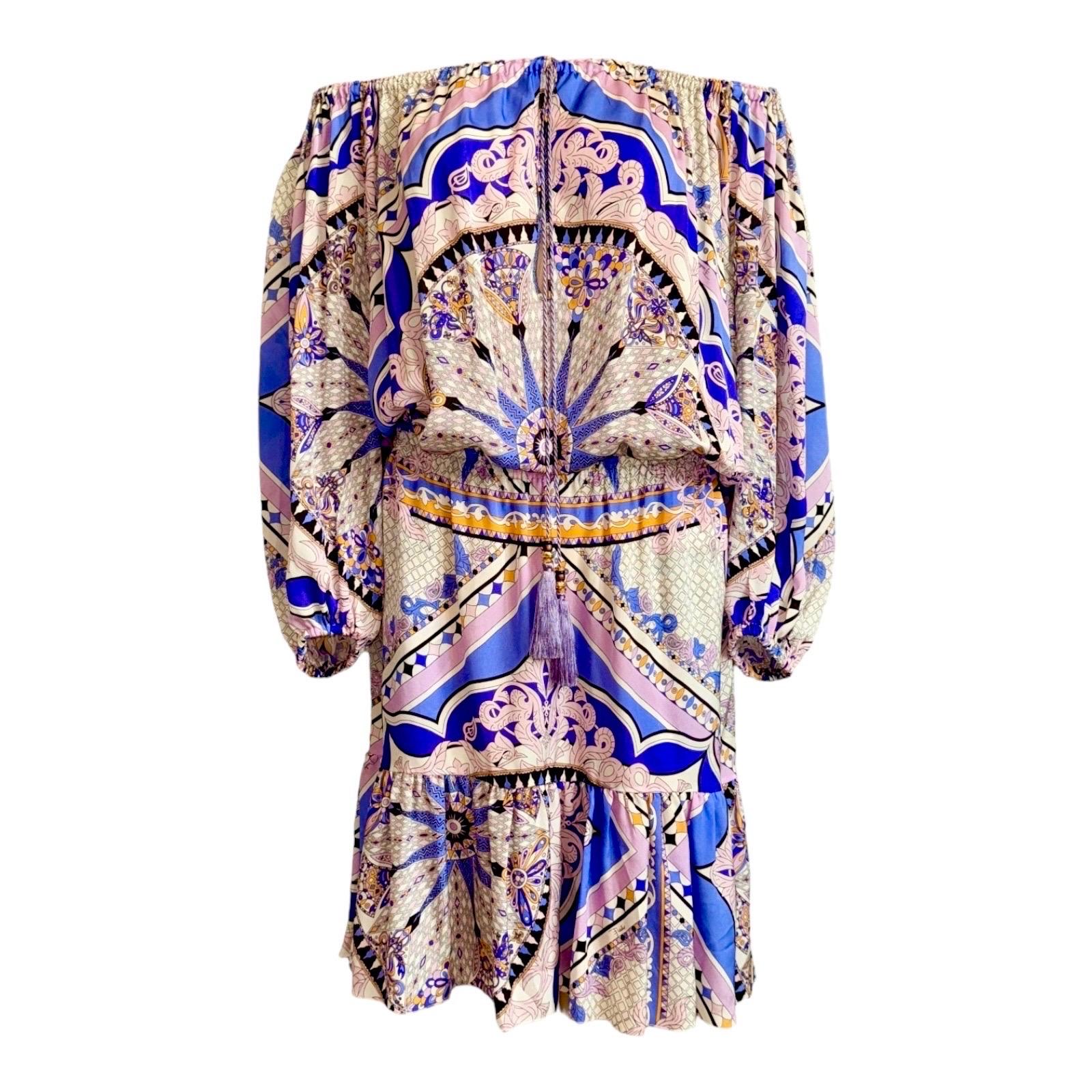 Gris Emilio Pucci Signature Robe imprimée en soie multicolore avec pompons 44 non portée en vente