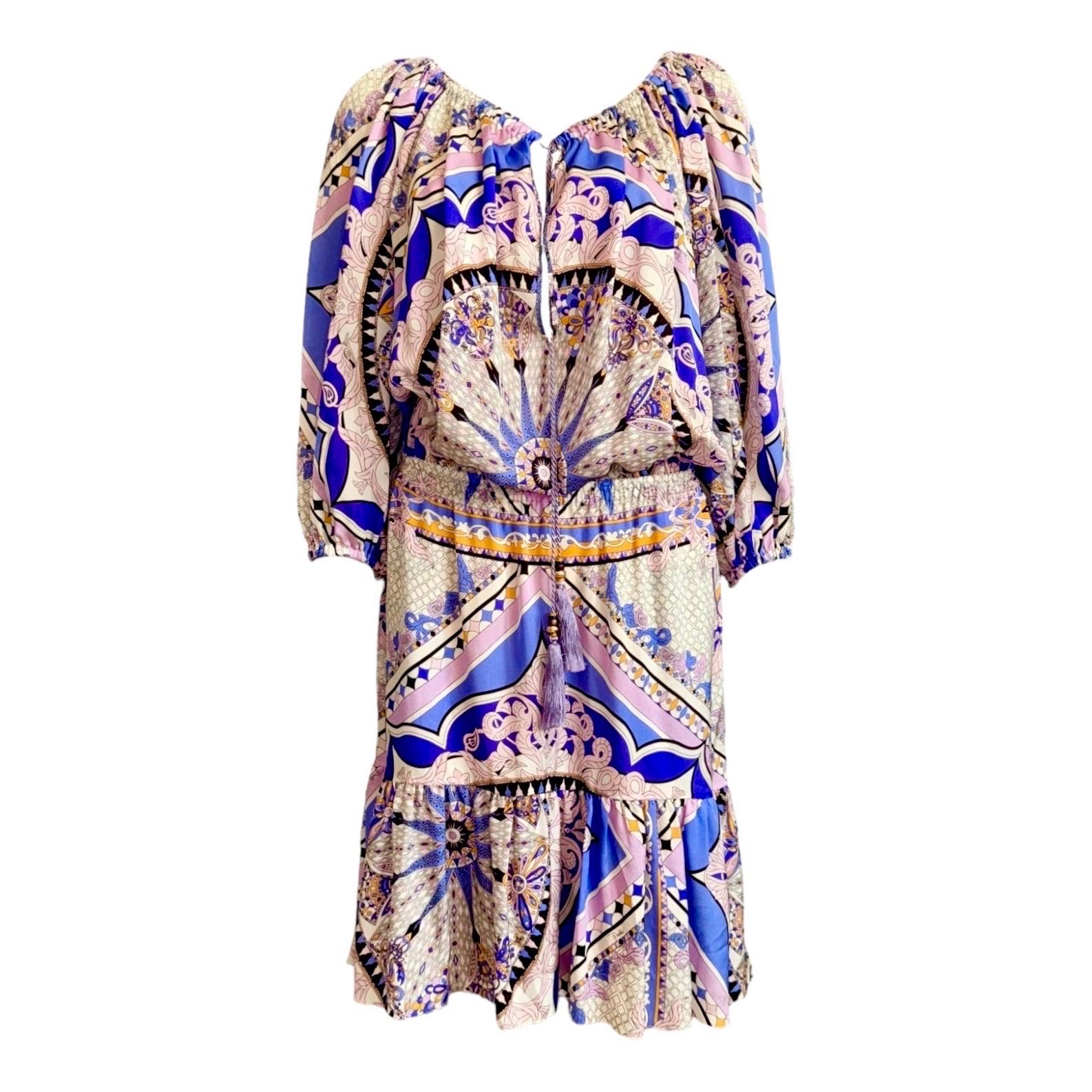 Emilio Pucci Signature Robe imprimée en soie multicolore avec pompons 44 non portée