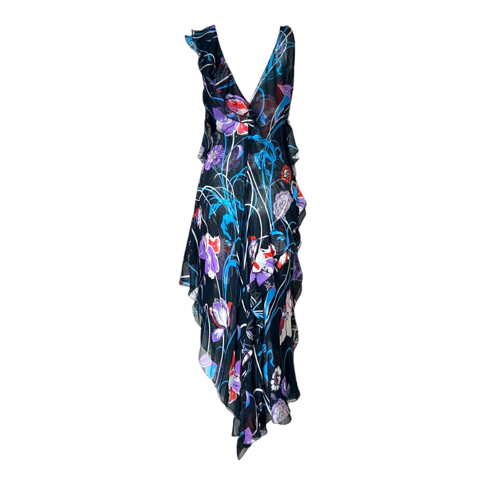 Women's UNWORN Emilio Pucci Signature Print Chiffon Silk Floral Print Silk Dress Gown 42 For Sale