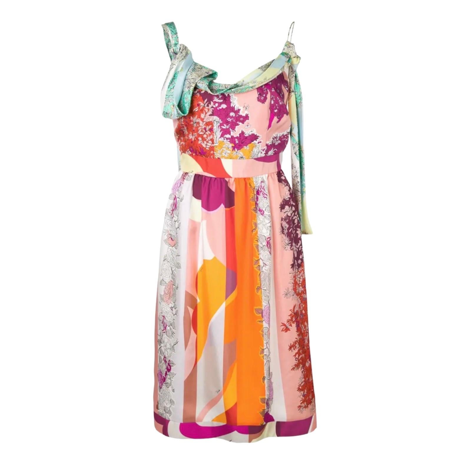 UNWORN Emilio Pucci Signature Print Draped Silk Dress 42 For Sale