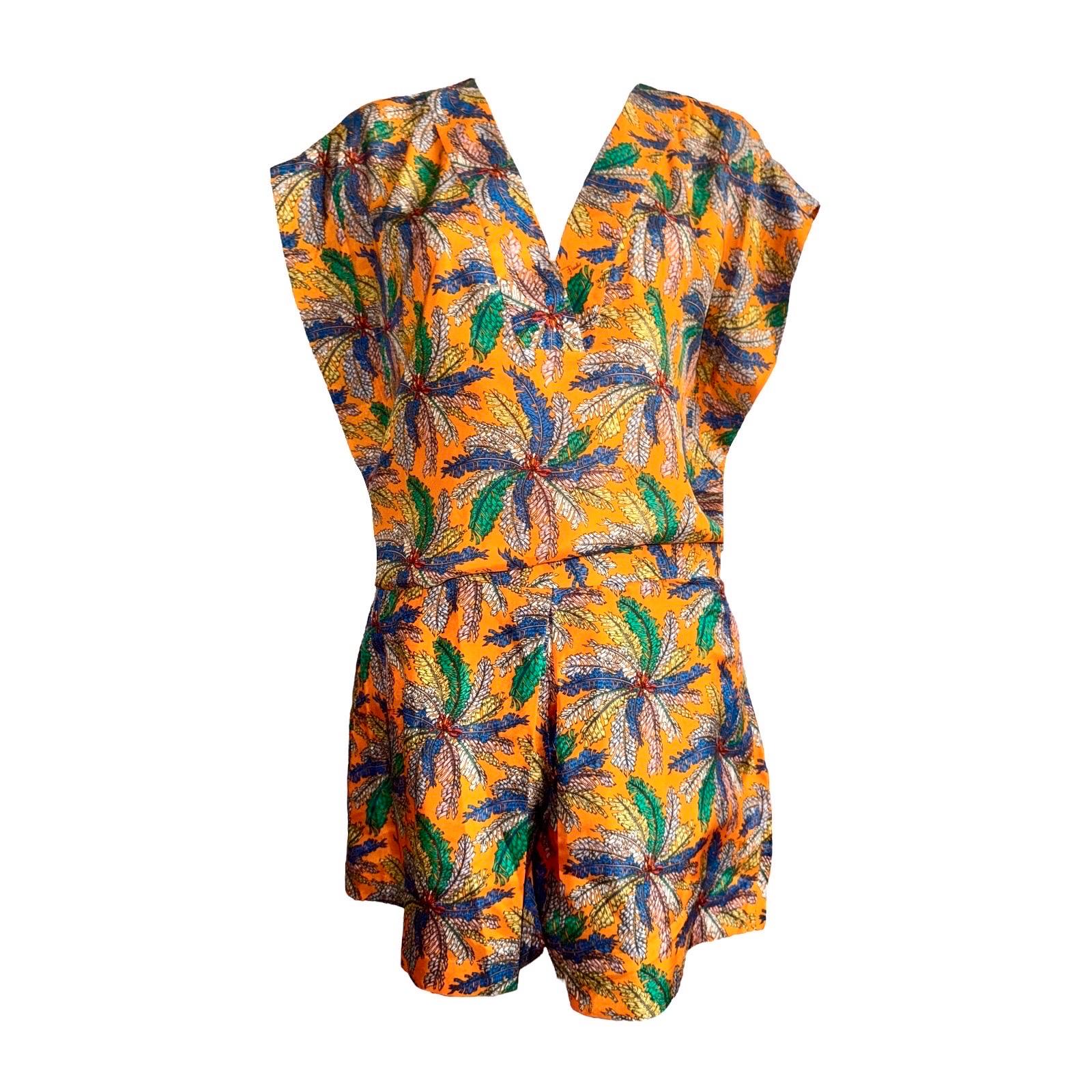 UNWORN Emilio Pucci 2PCS Orange Signature Print Silk Pants Suit Set Ensemble M