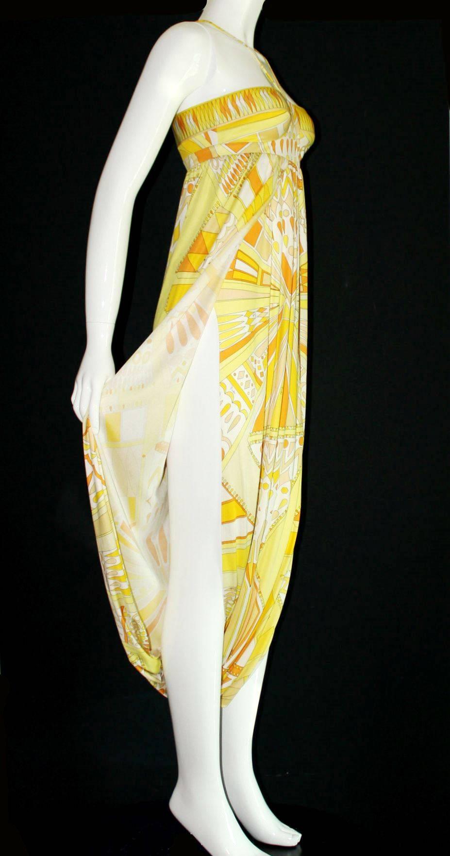 Exclusive and gorgeous EMILIO PUCCI goddess harem jumpsuit gown
Rare and special piece
Beautiful jersey silk 
Sexy high split on sides
Front and back panel connected - a perfect style mixture of gown and jumpsuit
Emilio Pucci signature print
