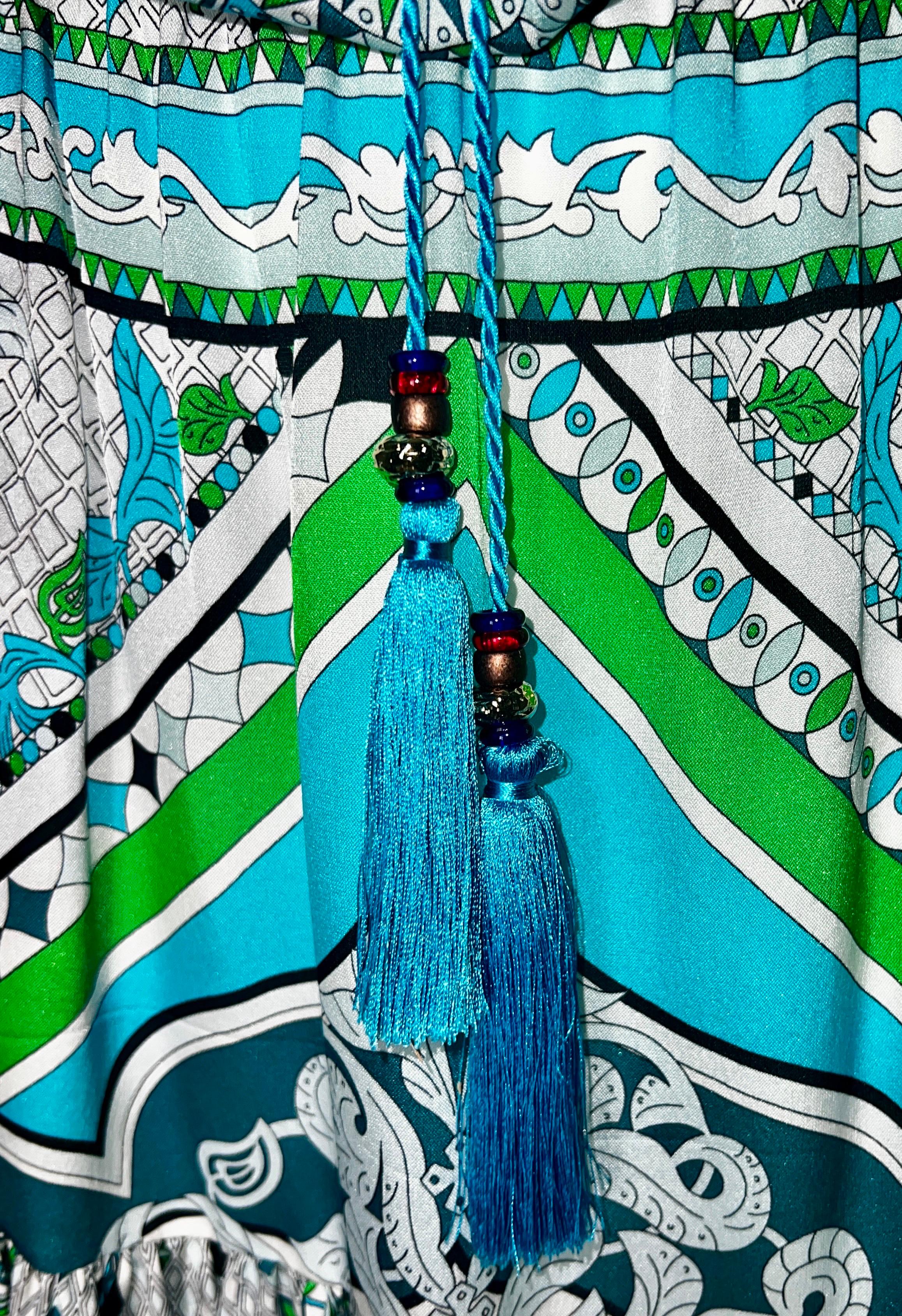UNWORN Emilio Pucci Signature Silk Print Dress with Tassels 40 For Sale 2