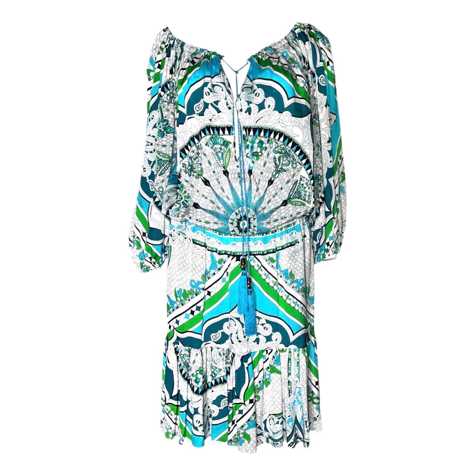 UNWORN Emilio Pucci Signature Silk Print Dress with Tassels 40 For Sale