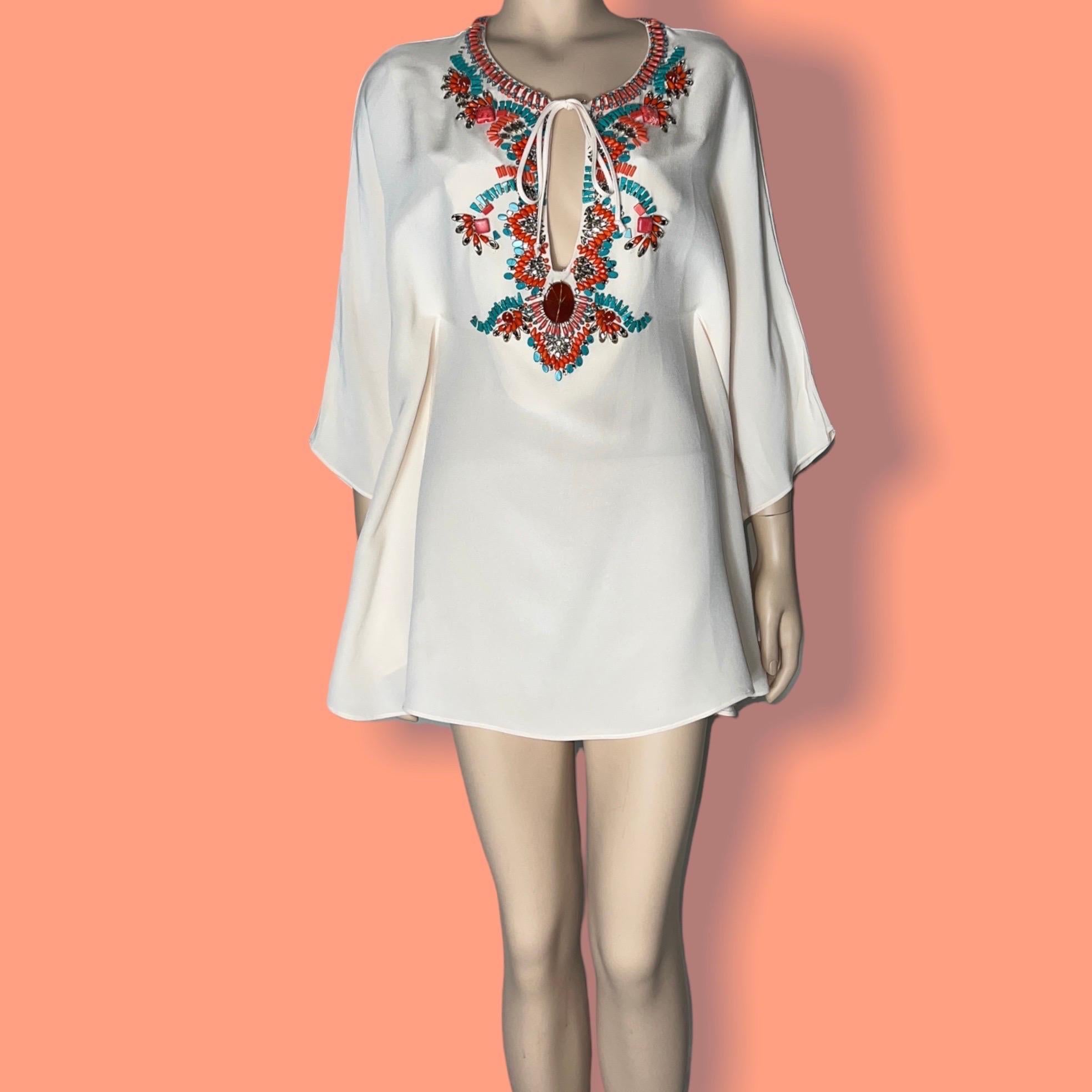 Women's UNWORN Emilio Pucci Silk Cady Embroidered Kaftan Tunic Top Mini Dress Wedding 40