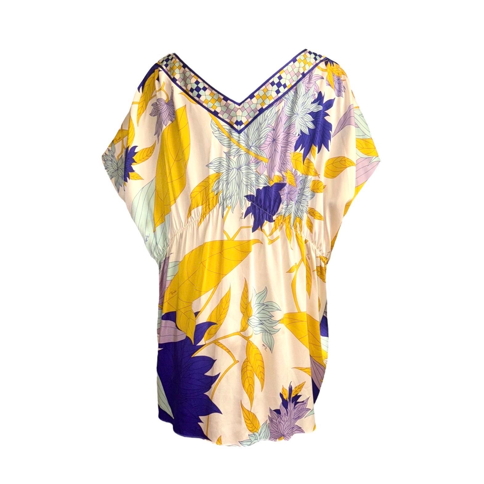 Turn heads poolside in this glamorous Emilio Pucci flower print piece. Style it up for evening cocktails with high heels or white skinny jeans and wedges. 


A stunning piece by Emilio Pucci
Lustrous shiny floral print silk
Amazing crystal trimmings