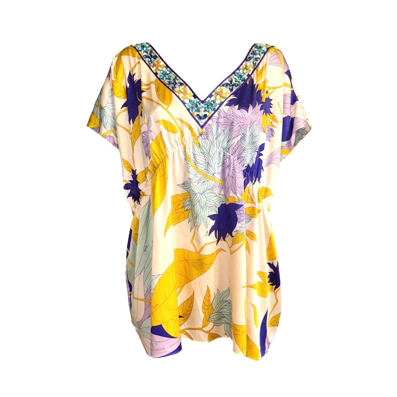 Beige UNWORN EMILIO PUCCI Silk Jersey Signature Print Tunic Kaftan Style Top Dress 40