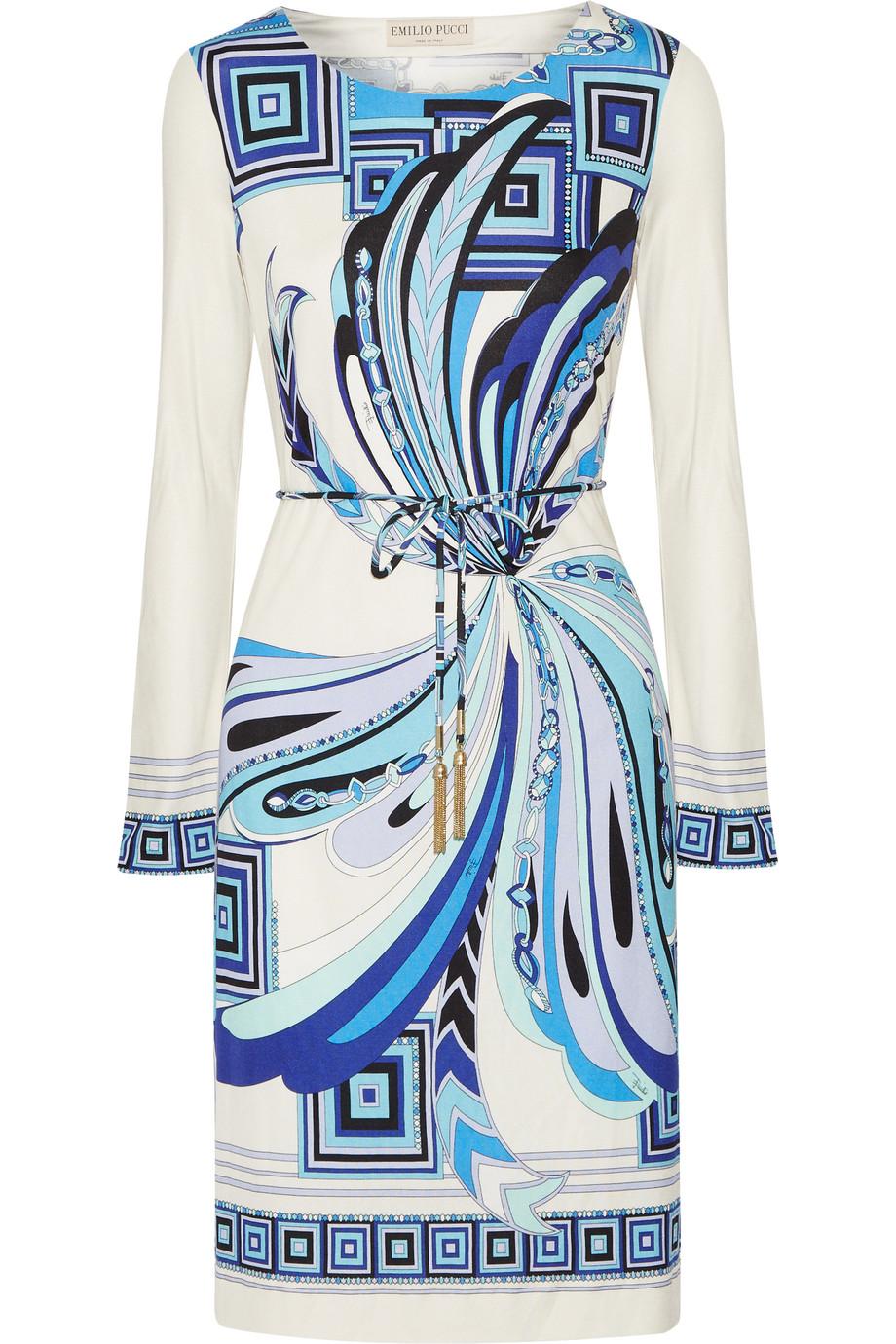 UNWORN Emilio Pucci Whites & Blues Signature Print Silk Dress with Belt 48 For Sale 11
