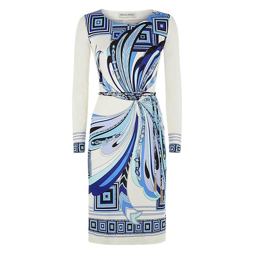 UNWORN Emilio Pucci Weißes & blaues Seidenkleid mit Signaturdruck und Gürtel 48 im Angebot