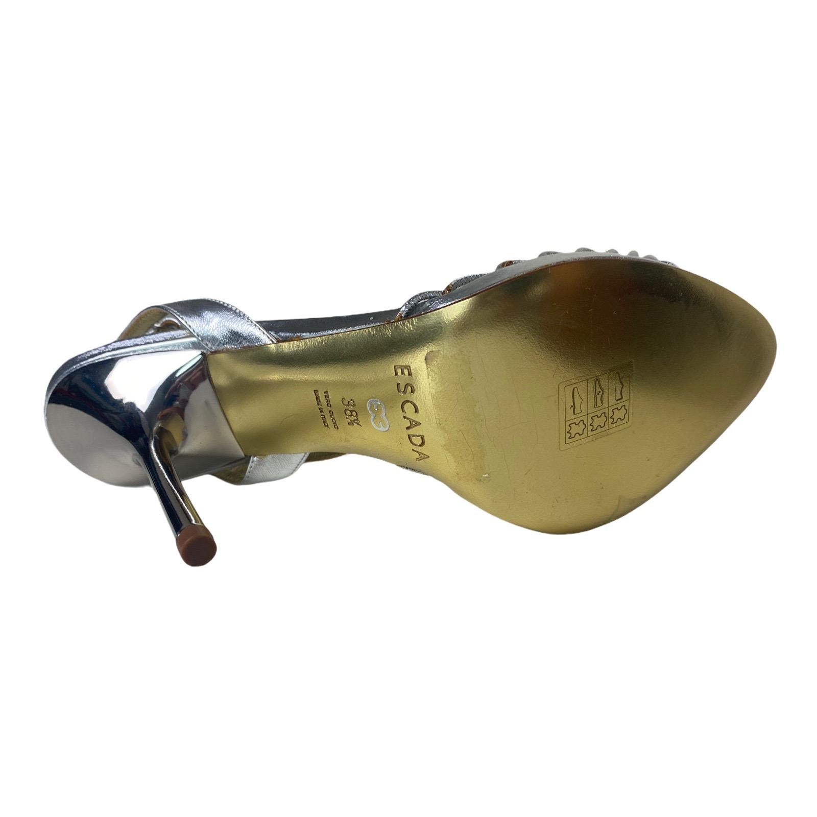 Sandales de soirée Escada argentées métalliques à talons hauts en cuir 38,5 non portées en vente 3