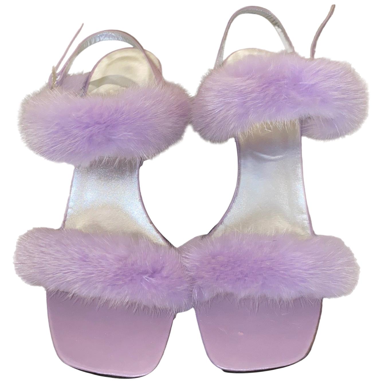 UNWORN Exotic Escada Lavender Fur Strappy High Heels Sandals