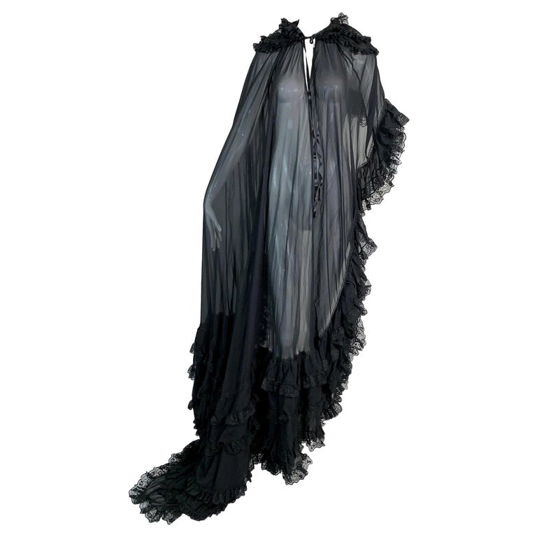 Unworn F/W 1999 Dolce and Gabbana Sheer Black Silk and Lace Long Cape ...