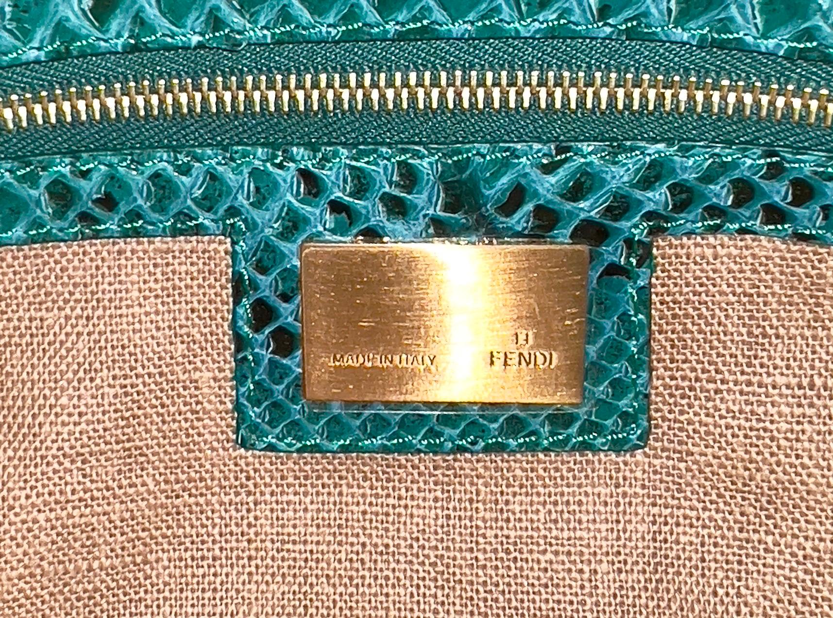 UNWORN Fendi Exotic Gold Metallic Lurex Jeans Print Baguette Hand Bag 3